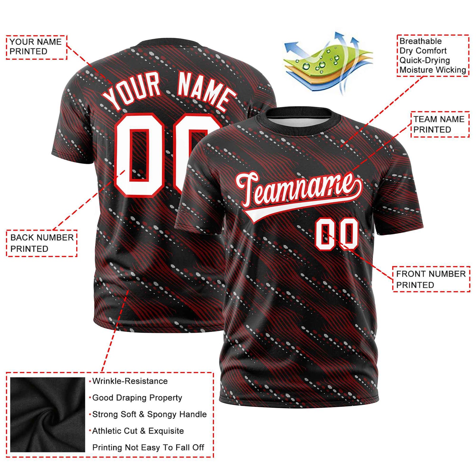 Custom Black Red-White Personalized Dotted Line Graffiti Pattern Performance T-Shirt