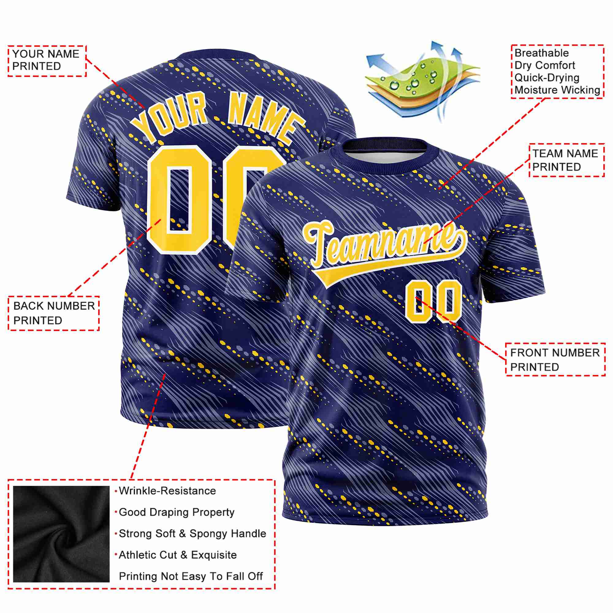 Custom Navy Gold01 Personalized Dotted Line Graffiti Pattern Performance T-Shirt