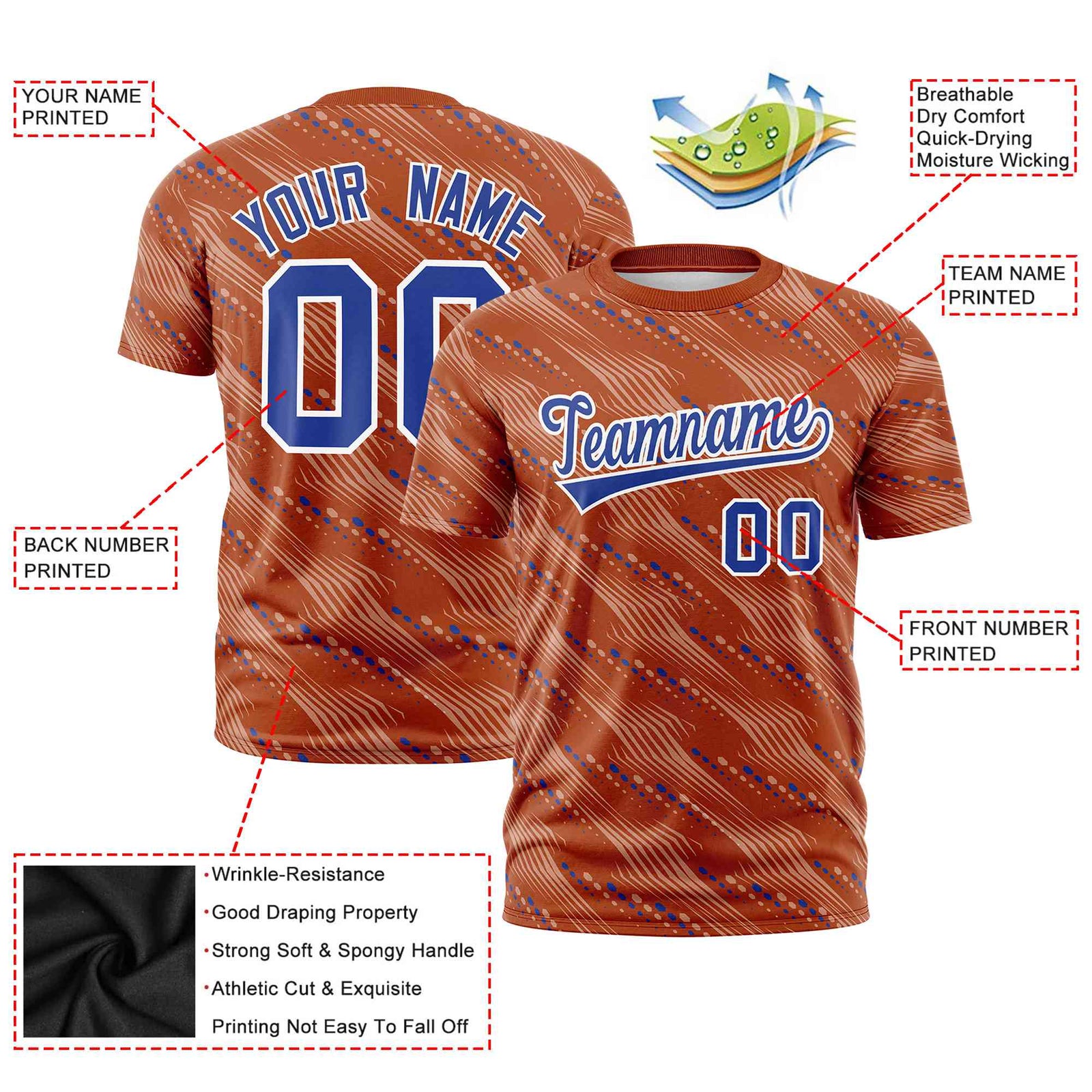 Custom Texas Orange Royal Blue Personalized Dotted Line Graffiti Pattern Performance T-Shirt
