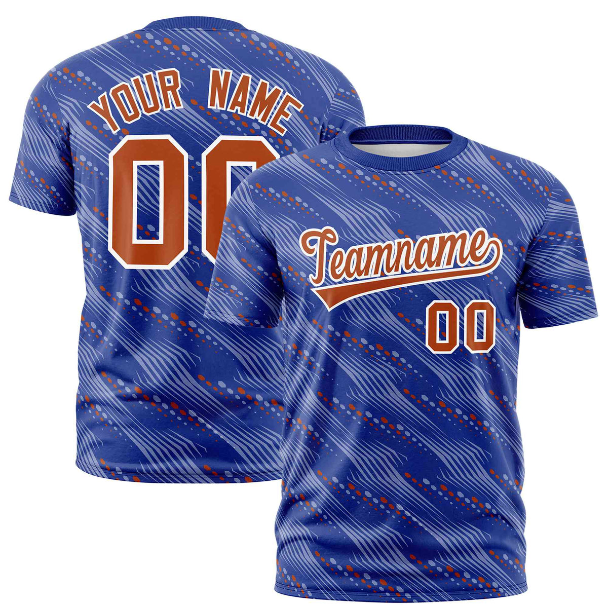 Custom Royal Blue Texas Orange Personalized Dotted Line Graffiti Pattern Performance T-Shirt