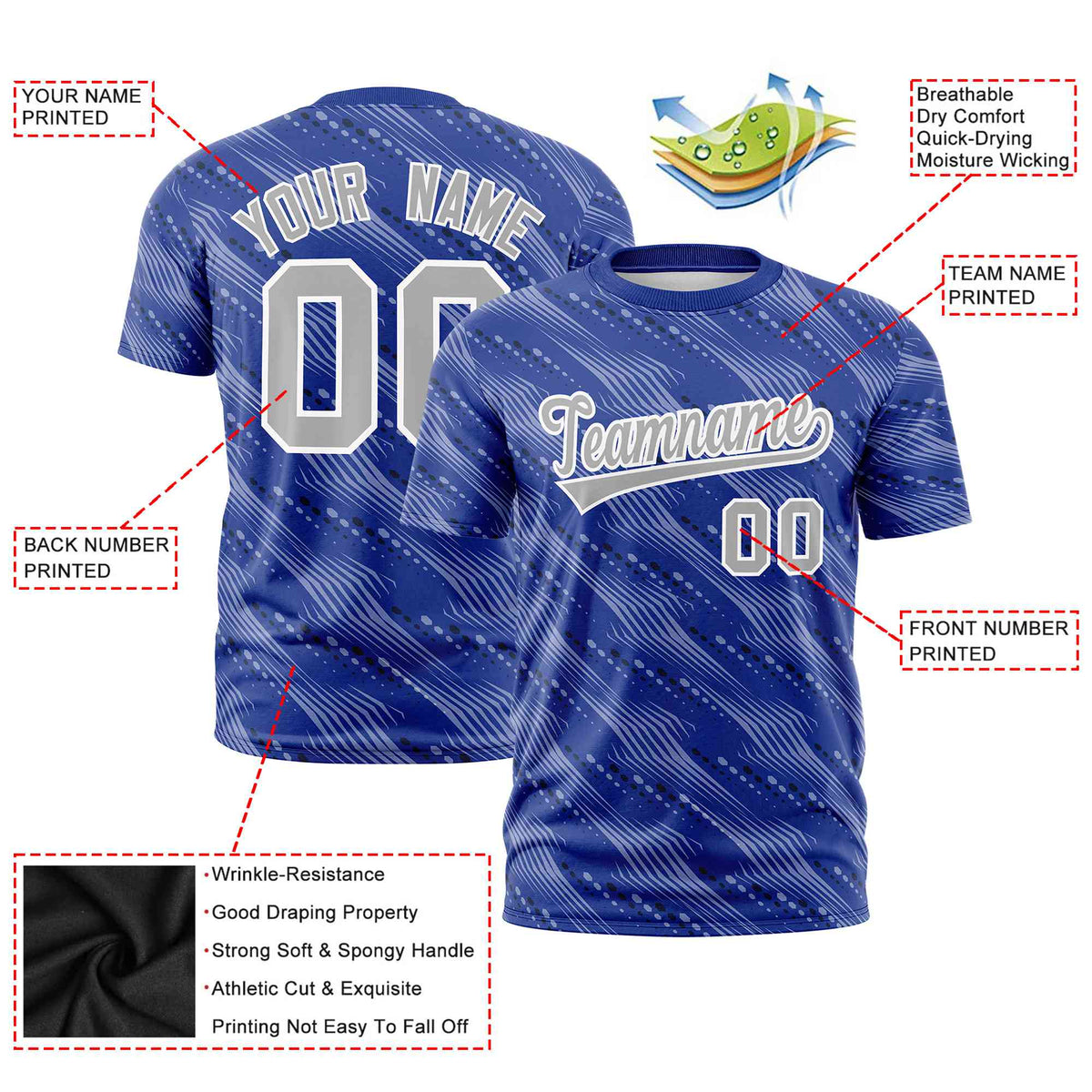 Custom Royal Blue Gray Personalized Dotted Line Graffiti Pattern Performance T-Shirt