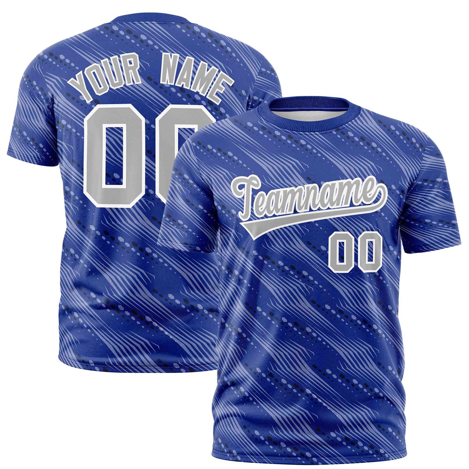 Custom Royal Blue Gray Personalized Dotted Line Graffiti Pattern Performance T-Shirt