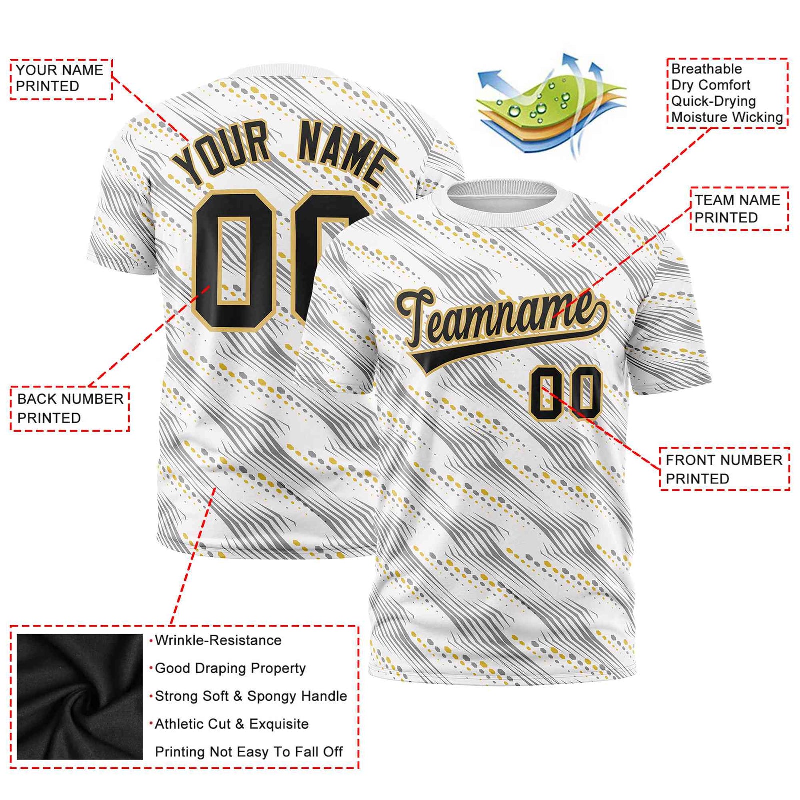 Custom White Black-Old Gold Personalized Dotted Line Graffiti Pattern Performance T-Shirt