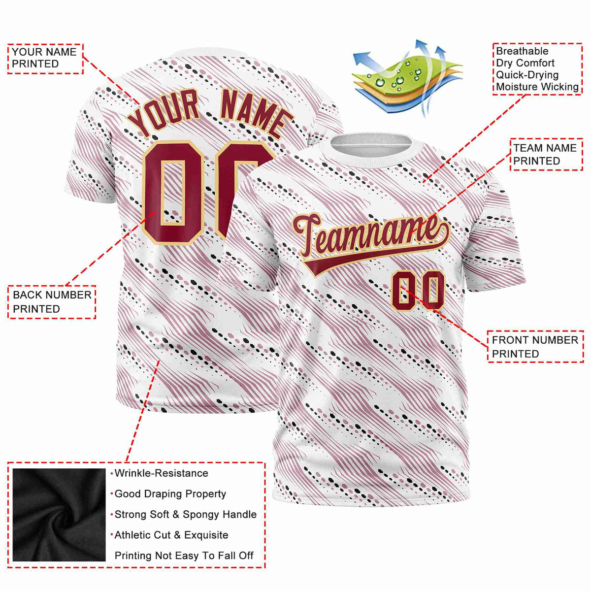 Custom White Black-Red Personalized Dotted Line Graffiti Pattern Performance T-Shirt