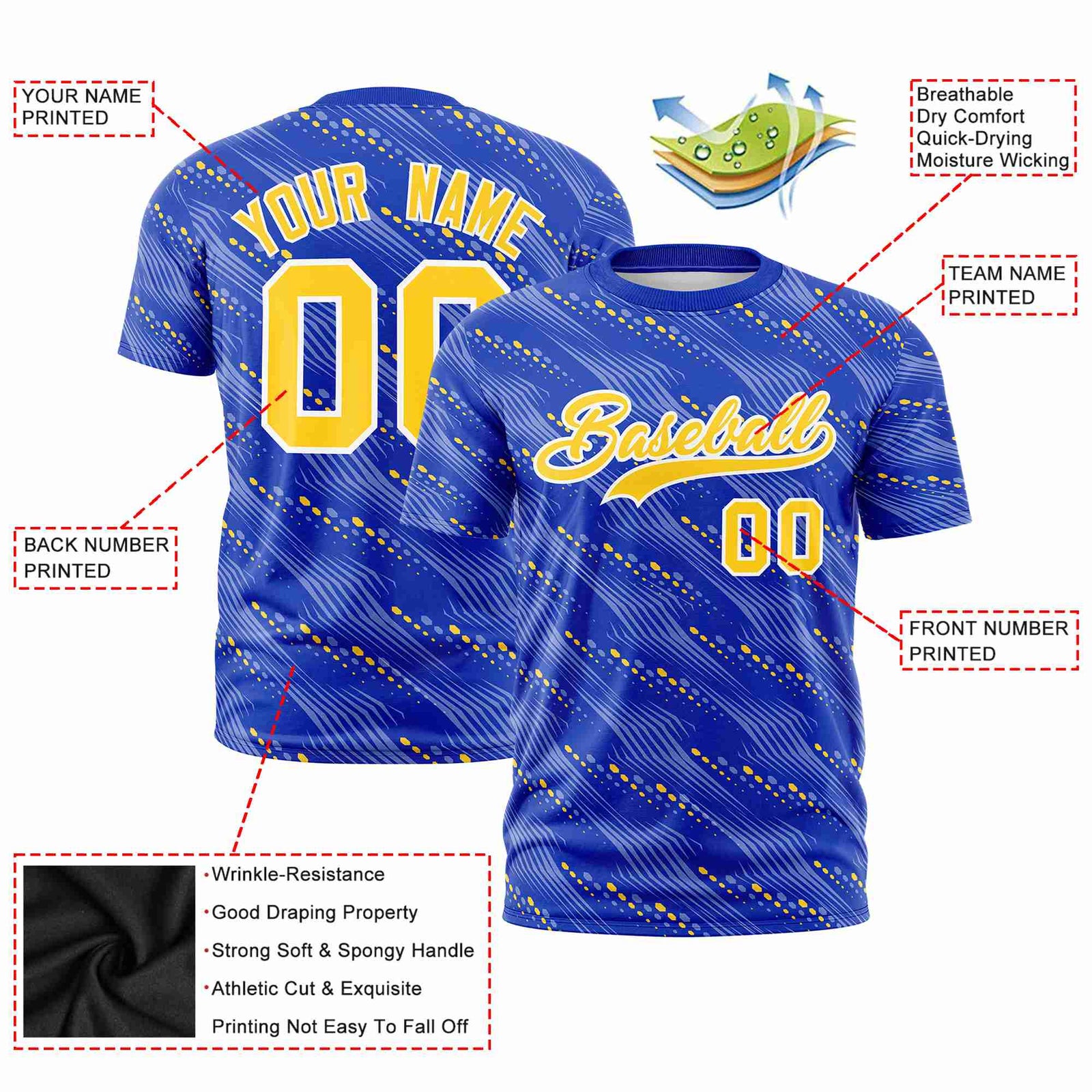 Custom Royal Blue Gold01 Personalized Dotted Line Graffiti Pattern Performance T-Shirt