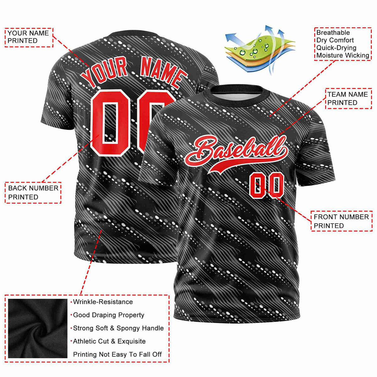 Custom Black White Personalized Dotted Line Graffiti Pattern Performance T-Shirt