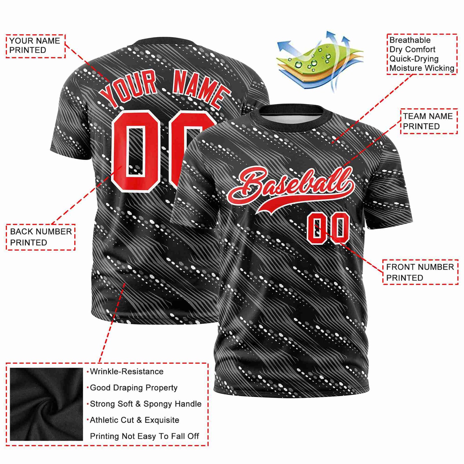 Custom Black White Personalized Dotted Line Graffiti Pattern Performance T-Shirt