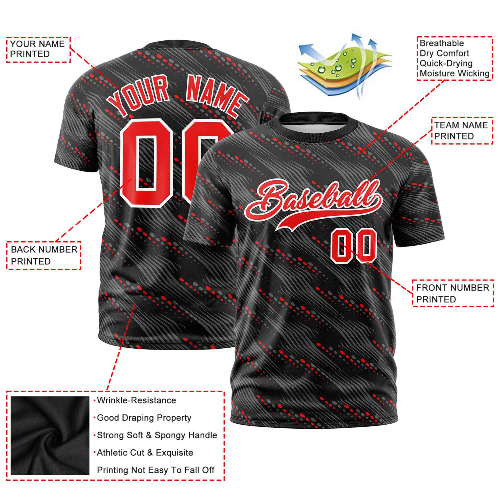 Custom Black Red Personalized Dotted Line Graffiti Pattern Performance T-Shirt