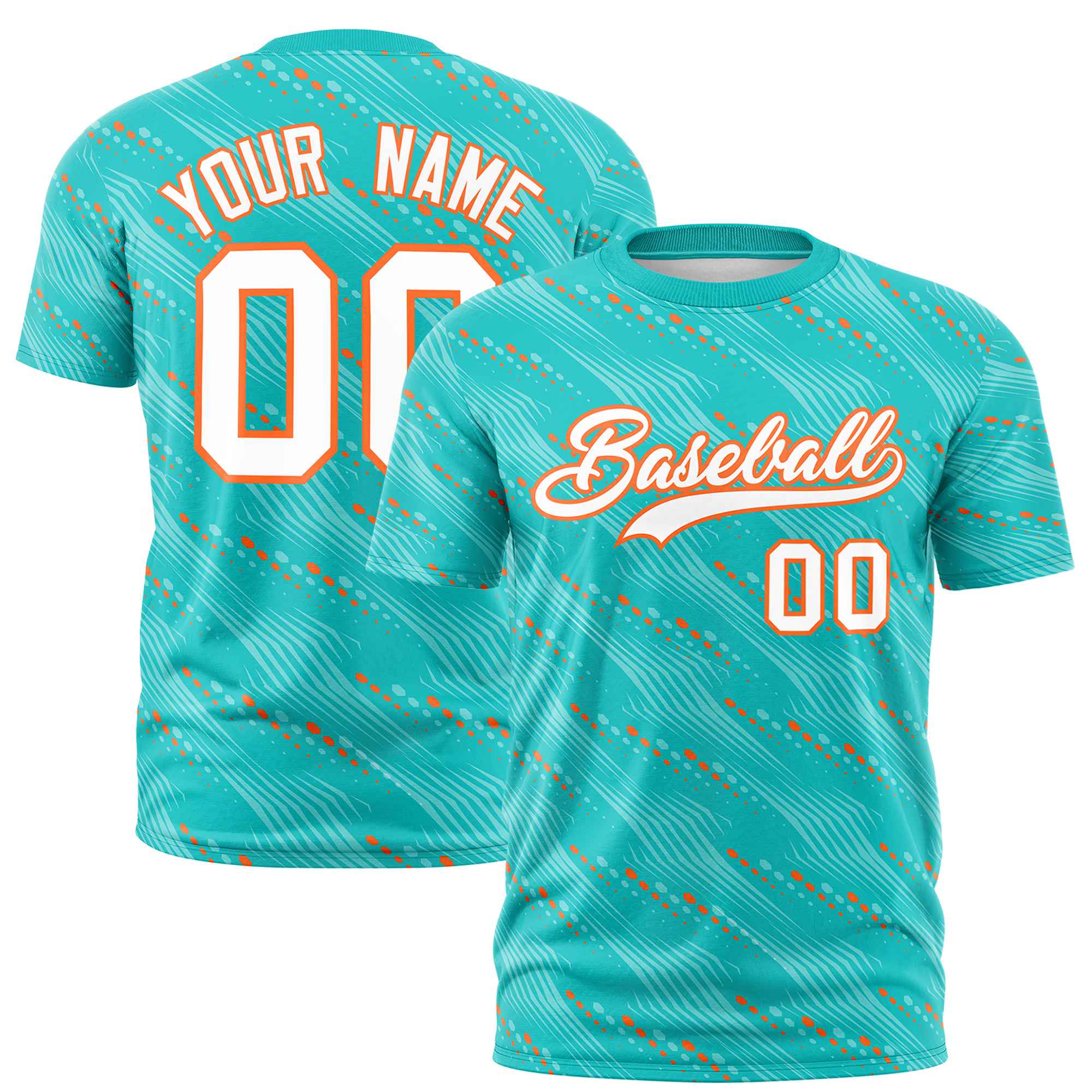 Custom Aqua Orange Personalized Dotted Line Graffiti Pattern Performance T-Shirt