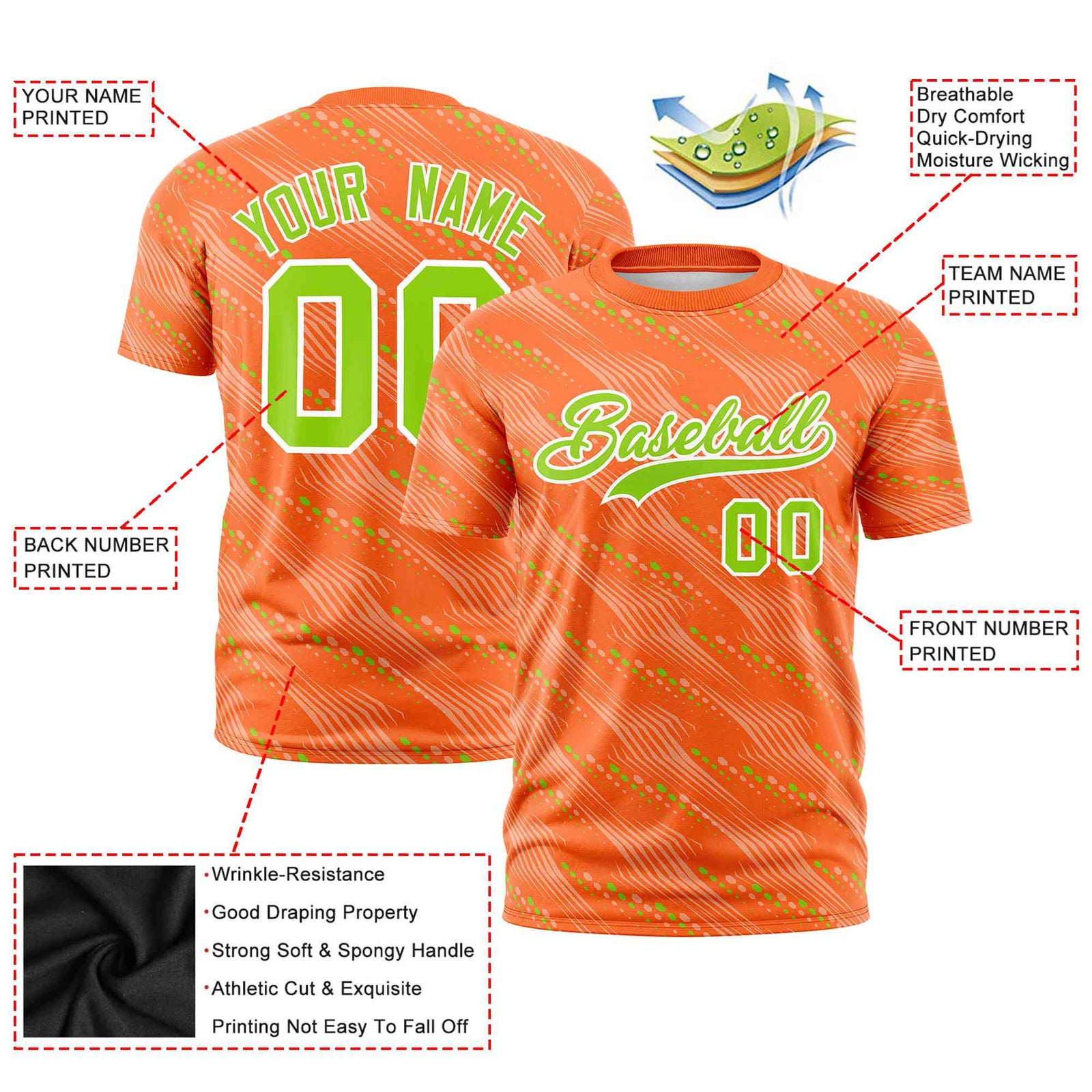 Custom Orange Neon Green Personalized Dotted Line Graffiti Pattern Performance T-Shirt