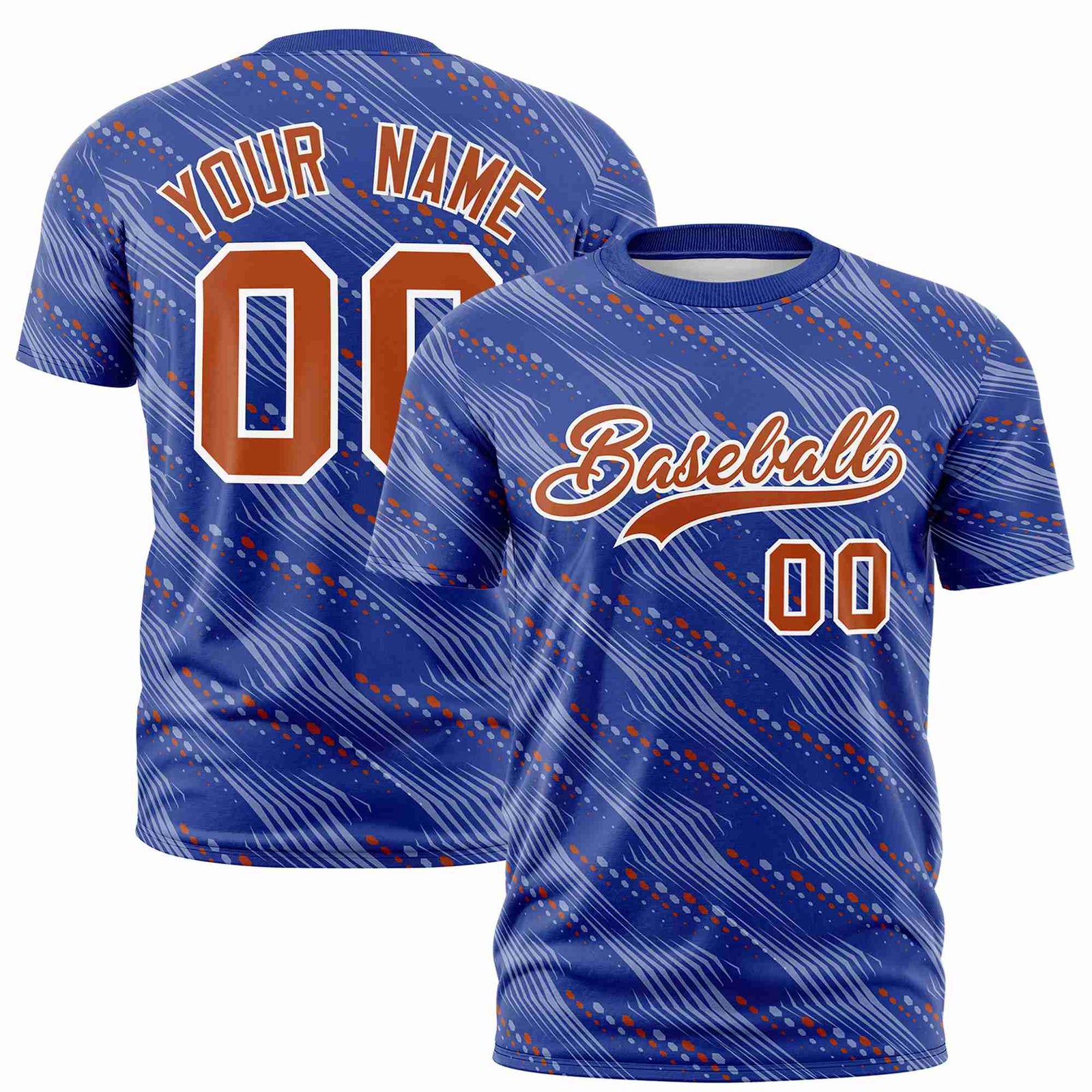 Custom Royal Blue Texas Orange Personalized Dotted Line Graffiti Pattern Performance T-Shirt