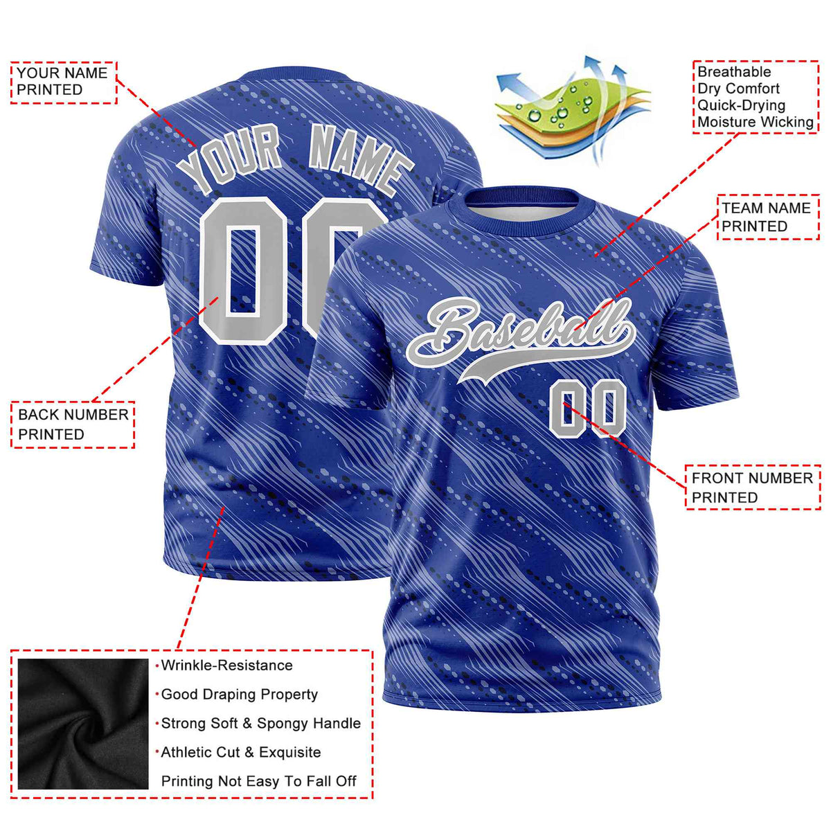Custom Royal Blue Gray Personalized Dotted Line Graffiti Pattern Performance T-Shirt