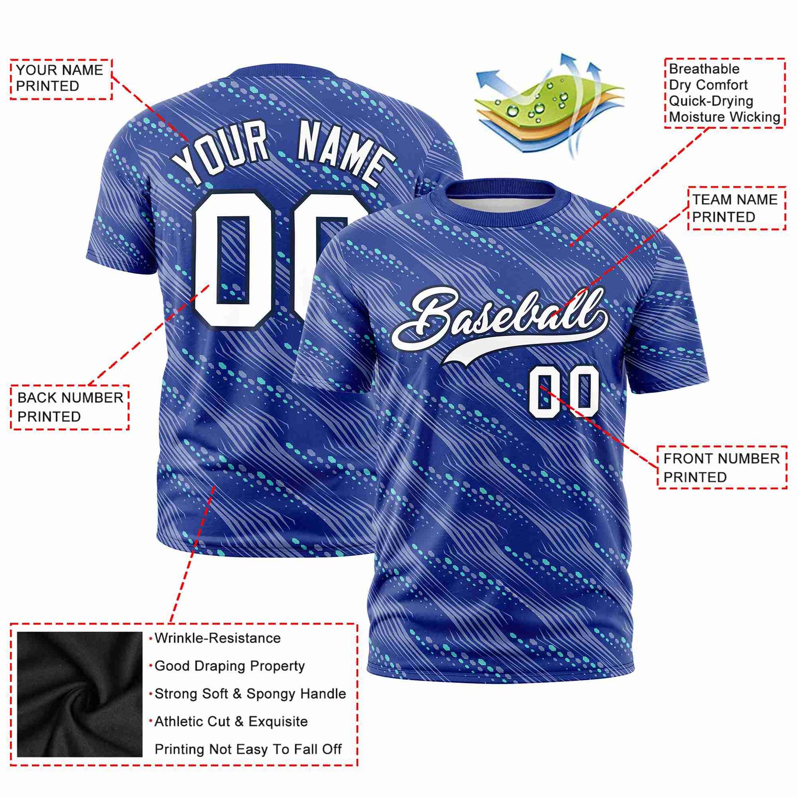 Custom Royal Blue Aqua Personalized Dotted Line Graffiti Pattern Performance T-Shirt