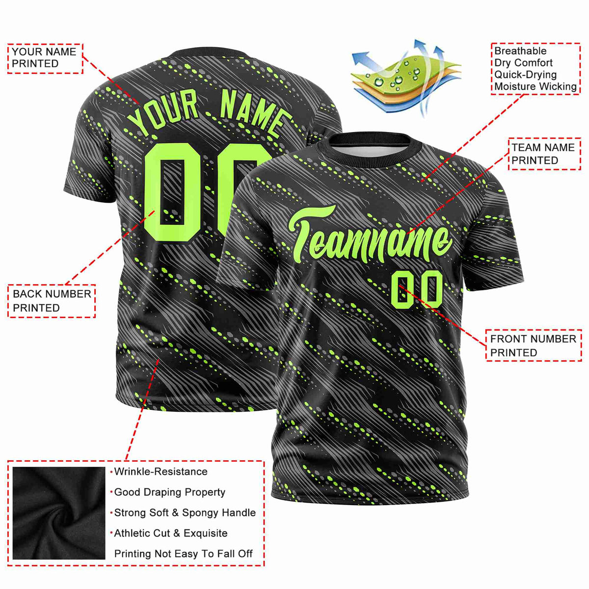 Custom Black Neon Green Personalized Dotted Line Graffiti Pattern Performance T-Shirt