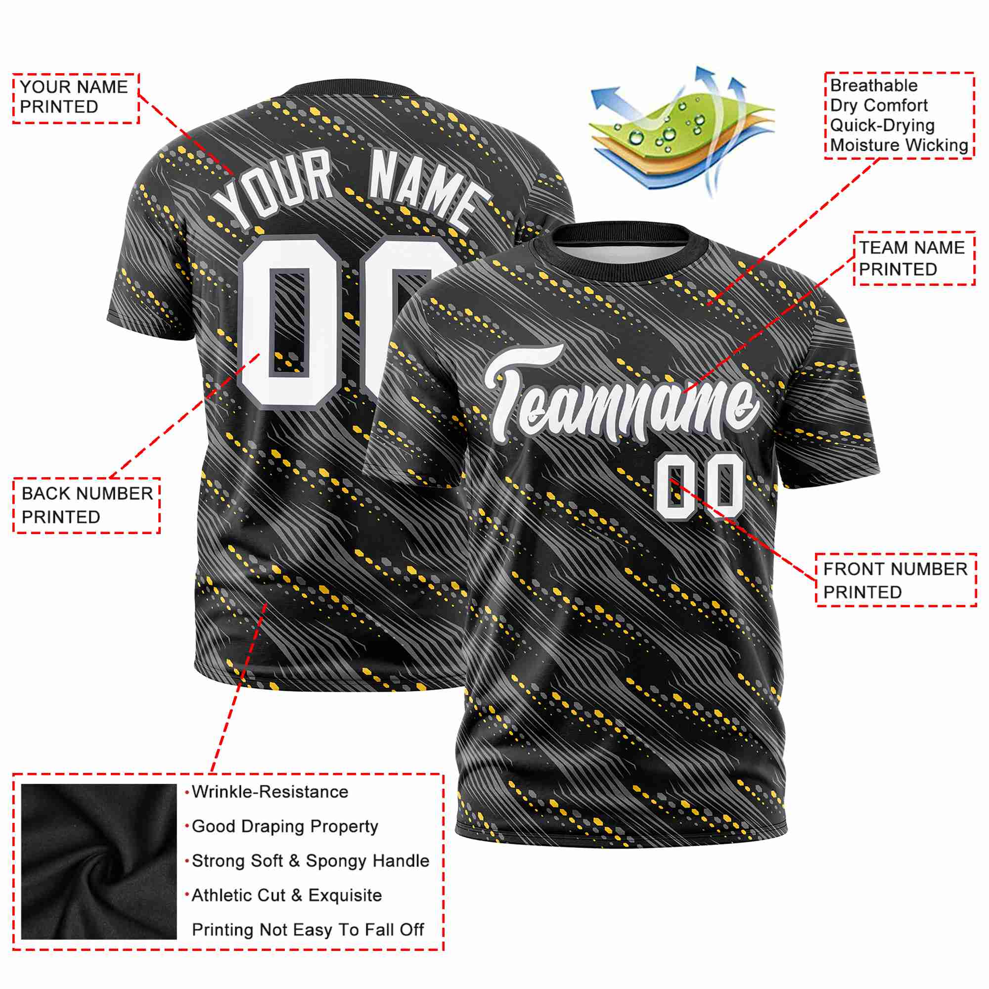 Custom Black Gold01 Personalized Dotted Line Graffiti Pattern Performance T-Shirt