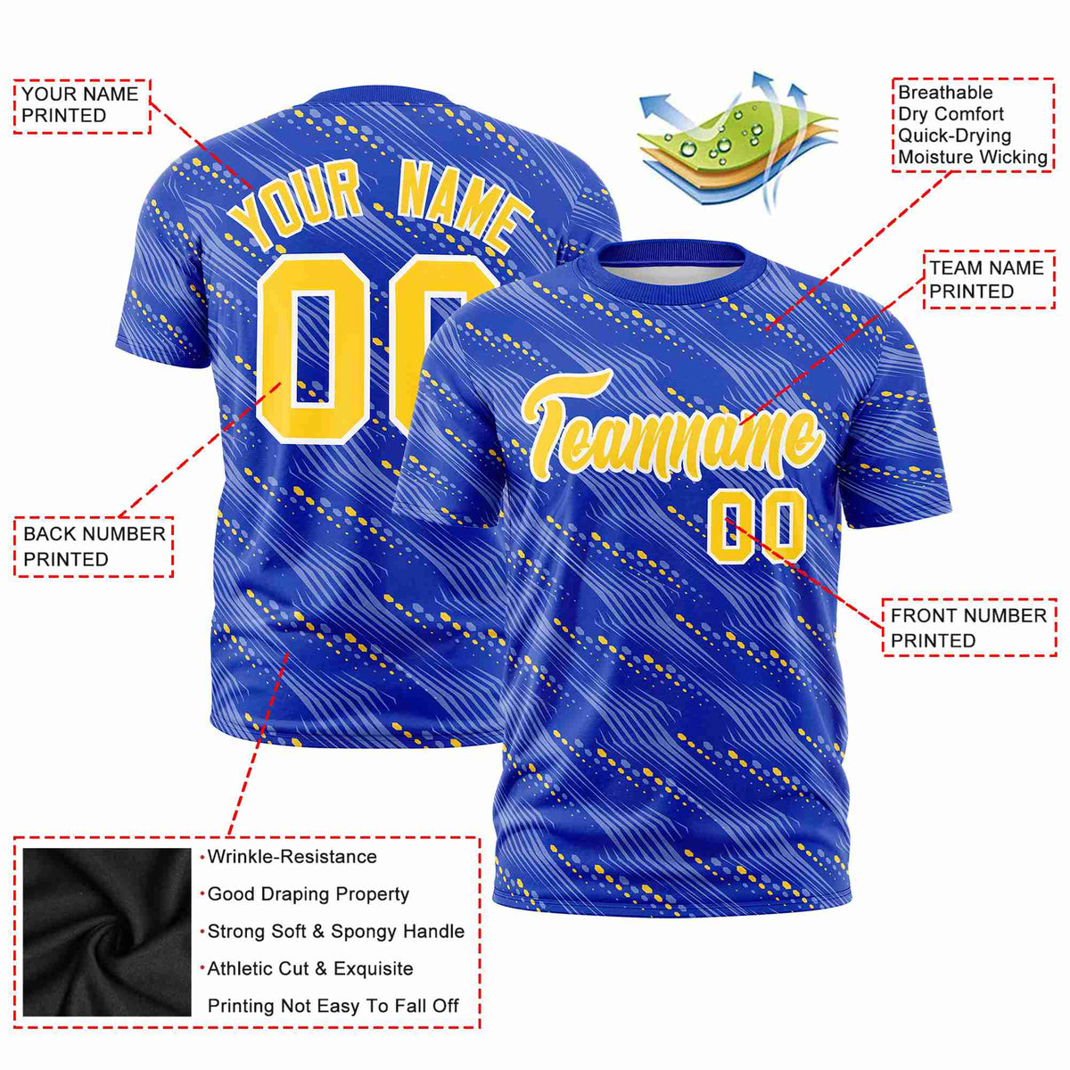 Custom Royal Blue Gold01 Personalized Dotted Line Graffiti Pattern Performance T-Shirt