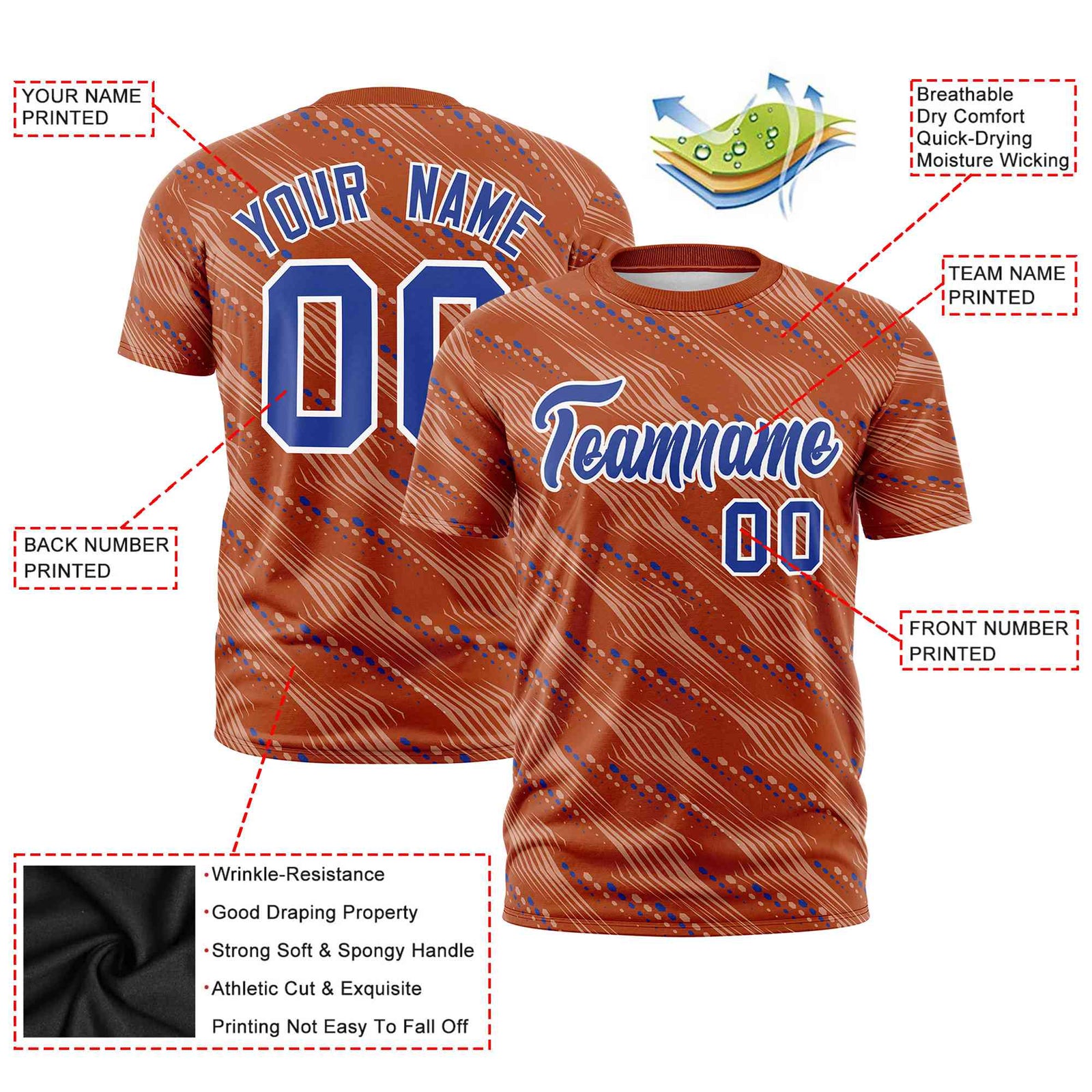 Custom Texas Orange Royal Blue Personalized Dotted Line Graffiti Pattern Performance T-Shirt