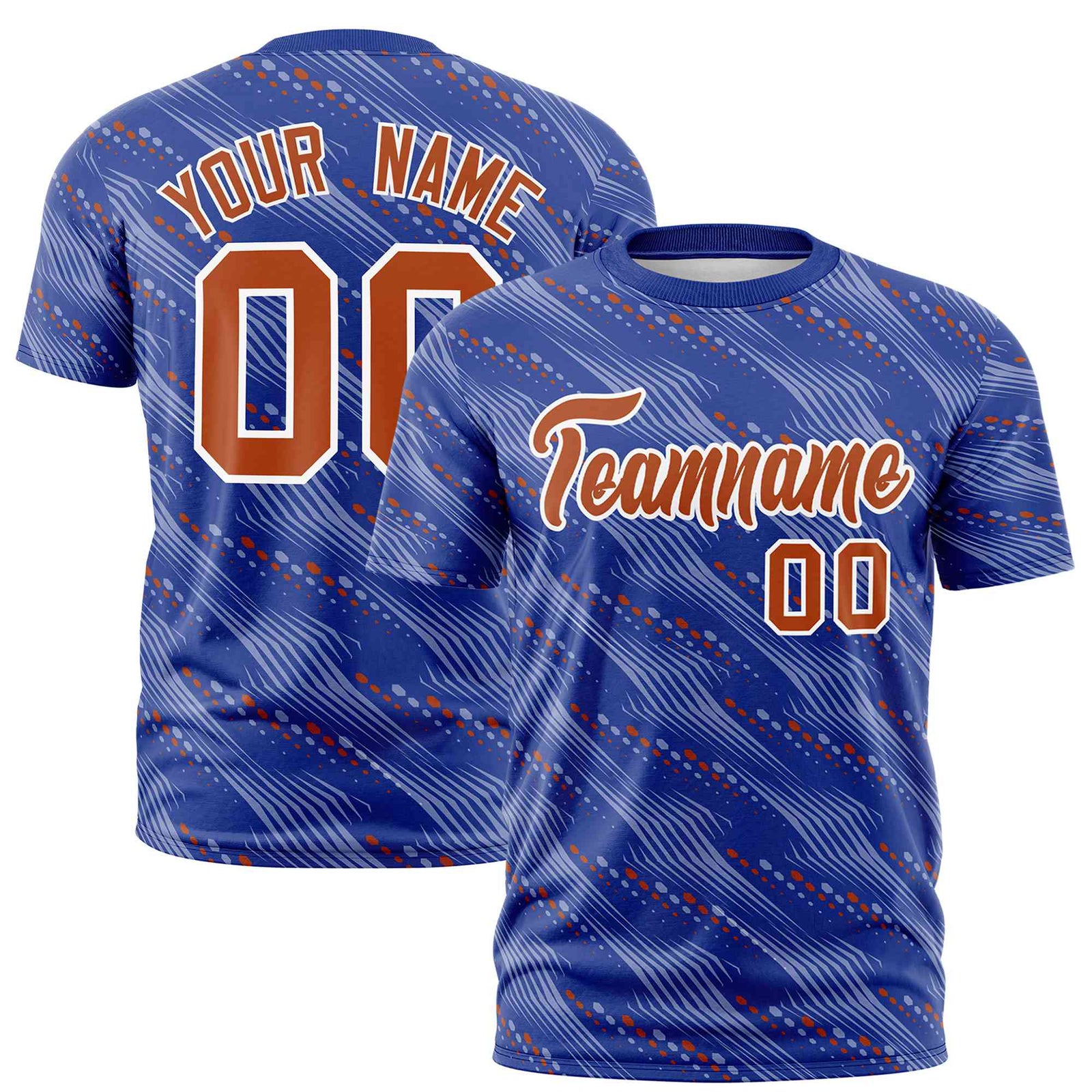 Custom Royal Blue Texas Orange Personalized Dotted Line Graffiti Pattern Performance T-Shirt