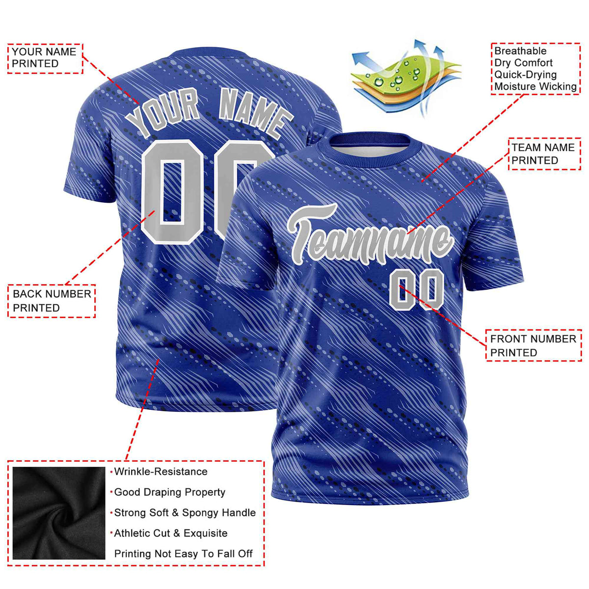 Custom Royal Blue Gray Personalized Dotted Line Graffiti Pattern Performance T-Shirt