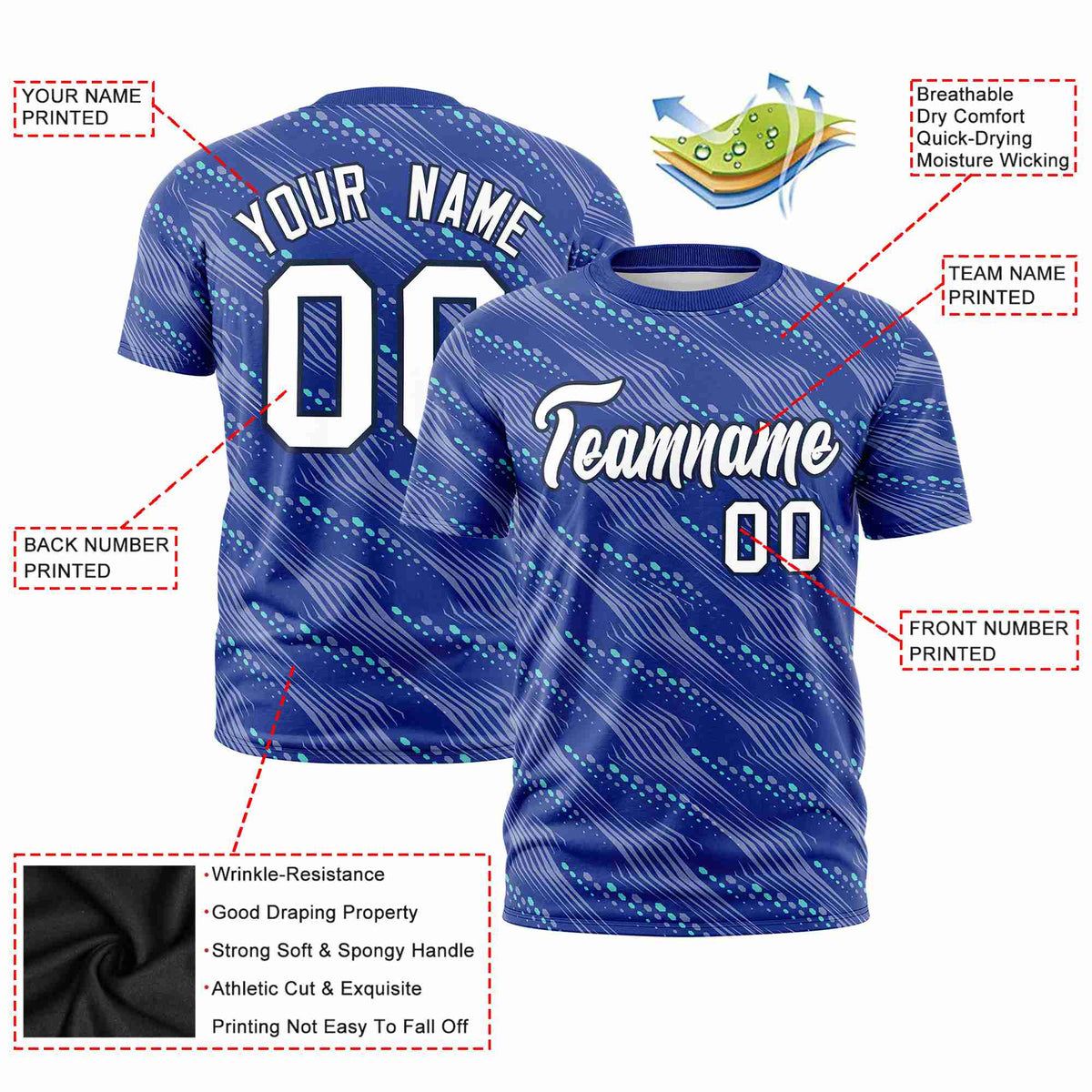 Custom Royal Blue Aqua Personalized Dotted Line Graffiti Pattern Performance T-Shirt