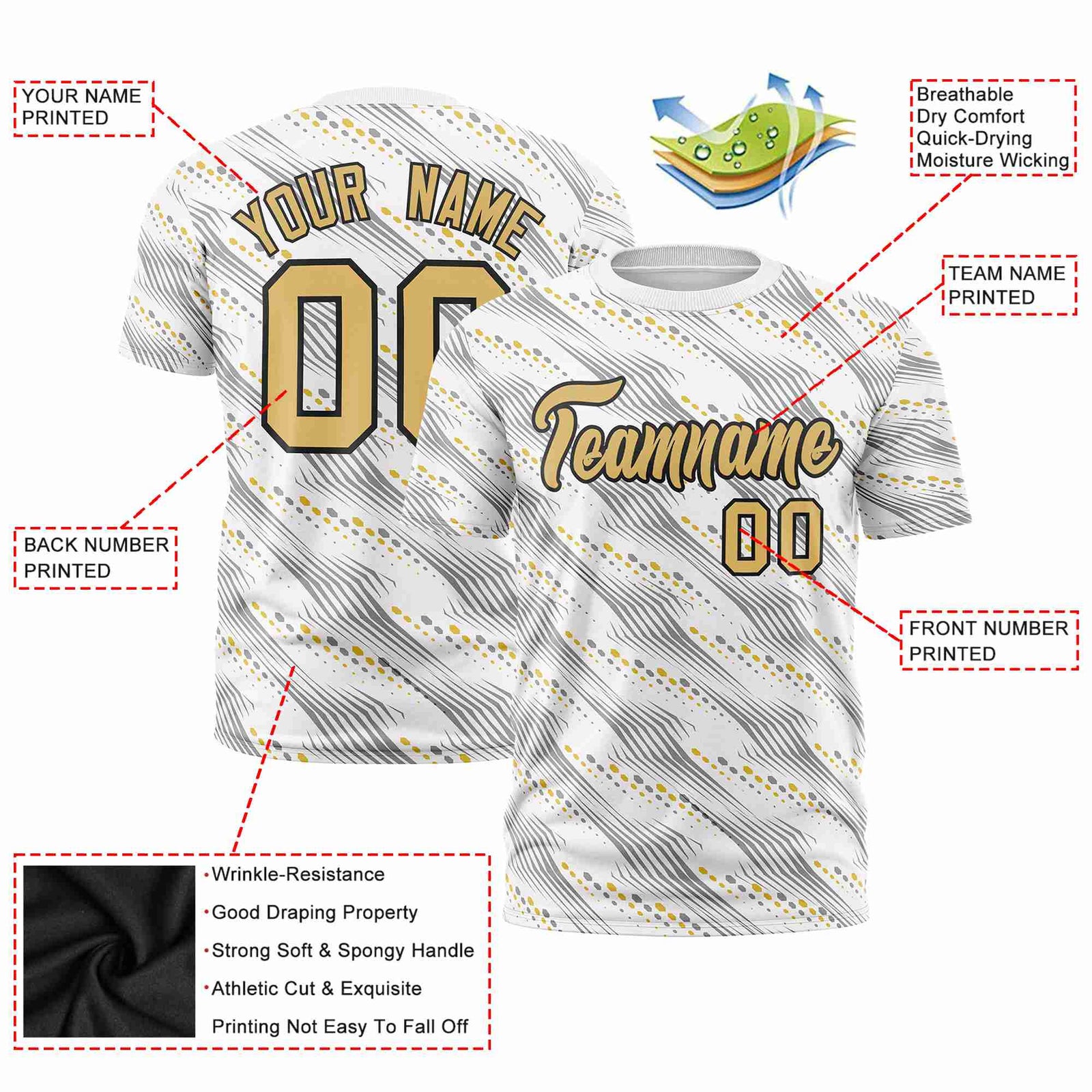Custom White Old Gold Personalized Dotted Line Graffiti Pattern Performance T-Shirt