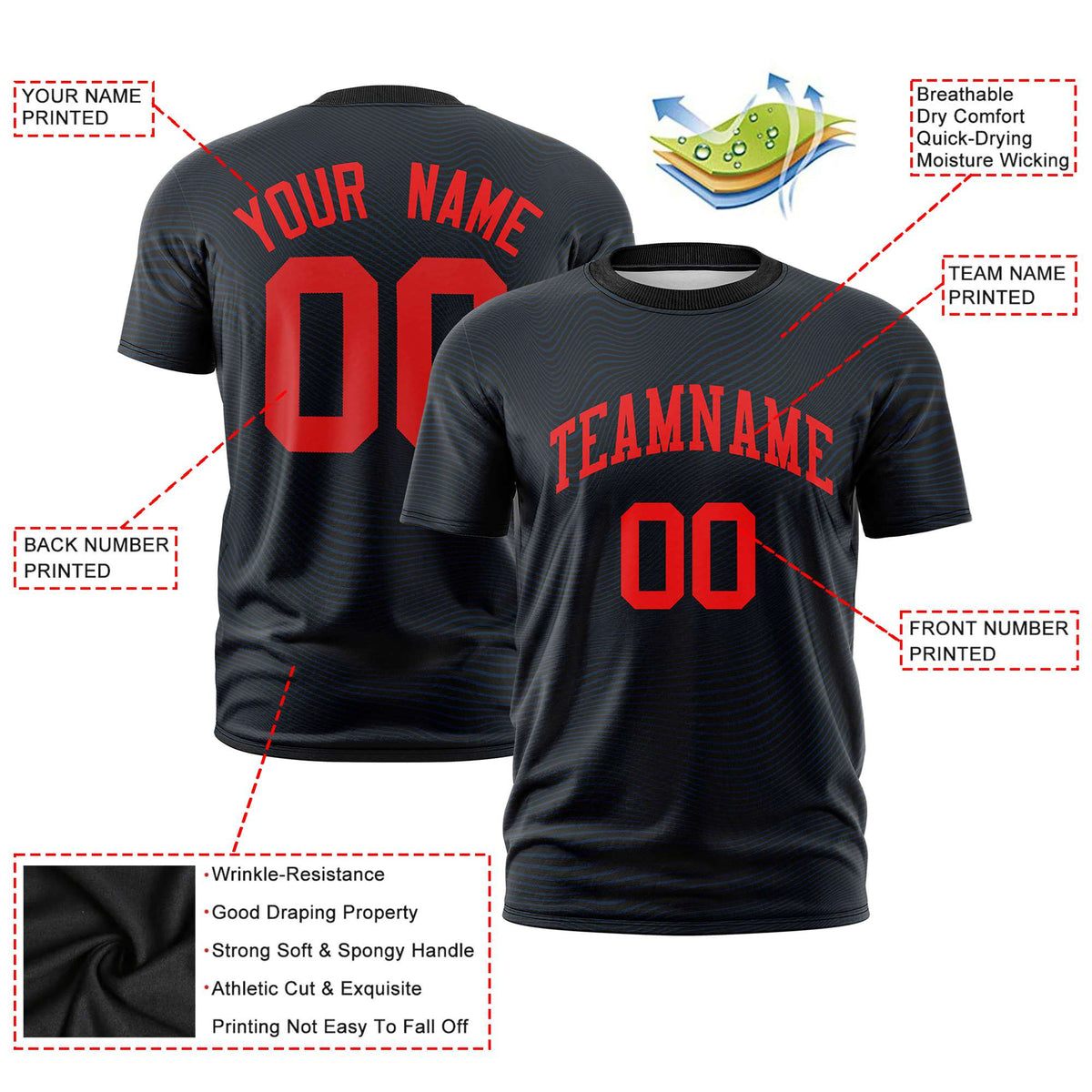 Custom Black Red Personalized High Wire Pattern Performance T-Shirt