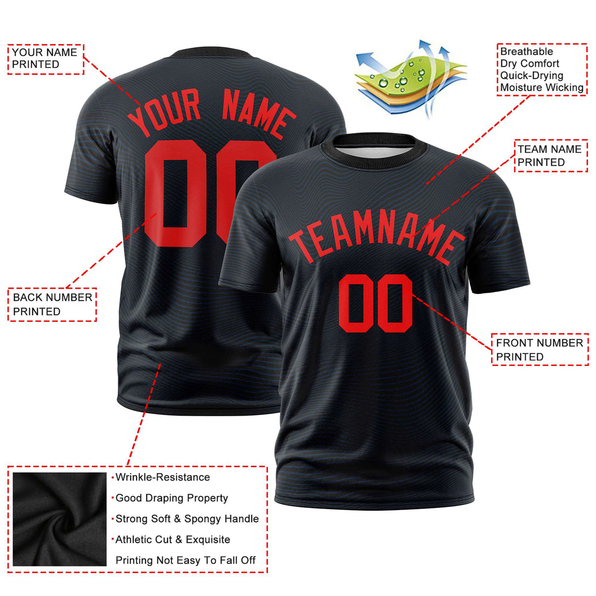 Custom Black Red Personalized High Wire Pattern Performance T-Shirt