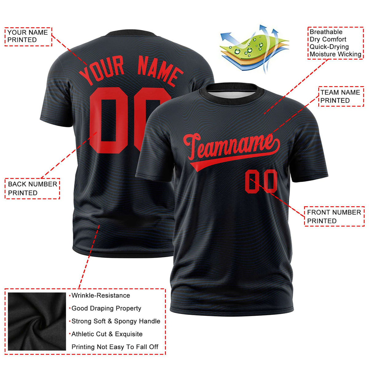 Custom Black Red Personalized High Wire Pattern Performance T-Shirt