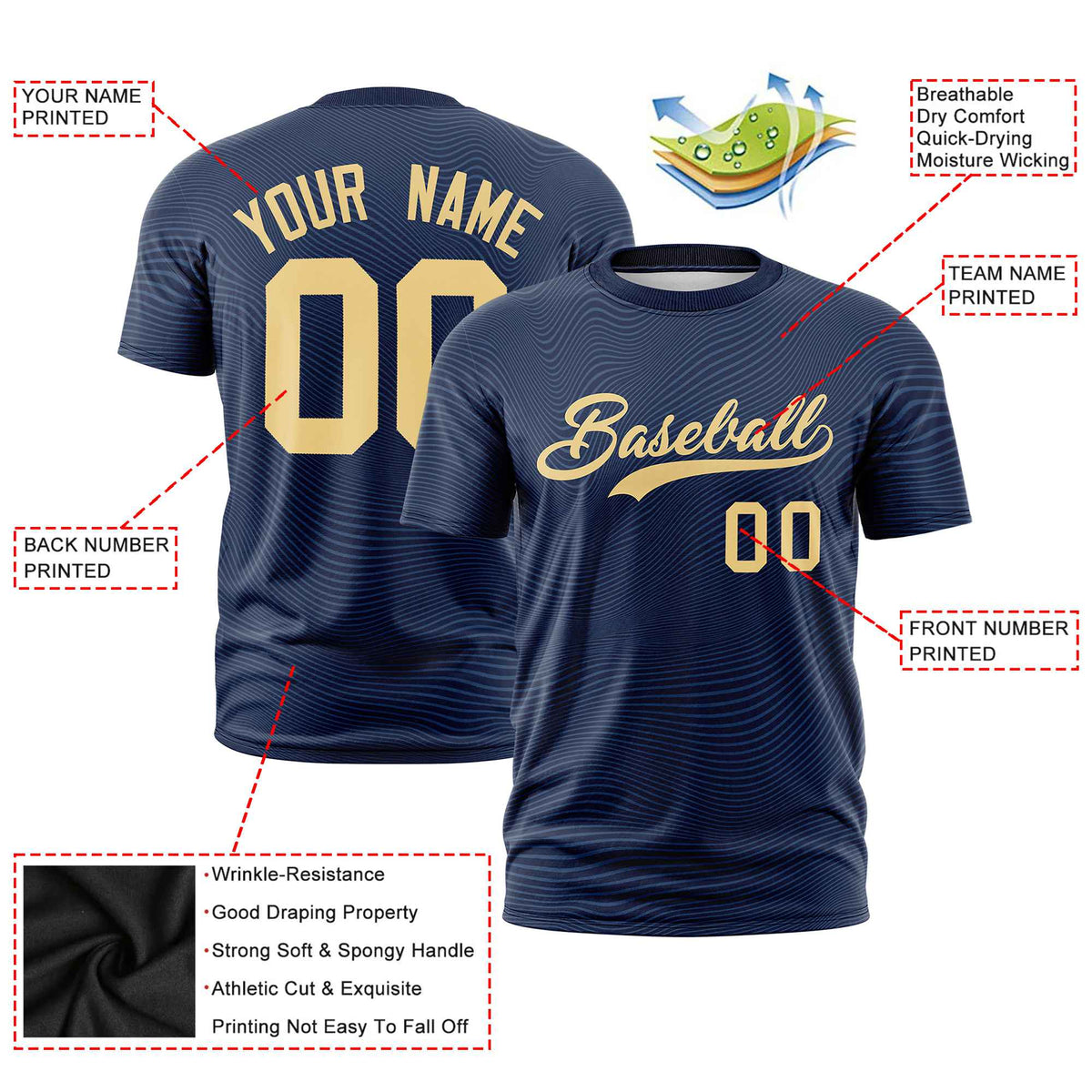 Custom Navy Old Gold Personalized High Wire Pattern Performance T-Shirt