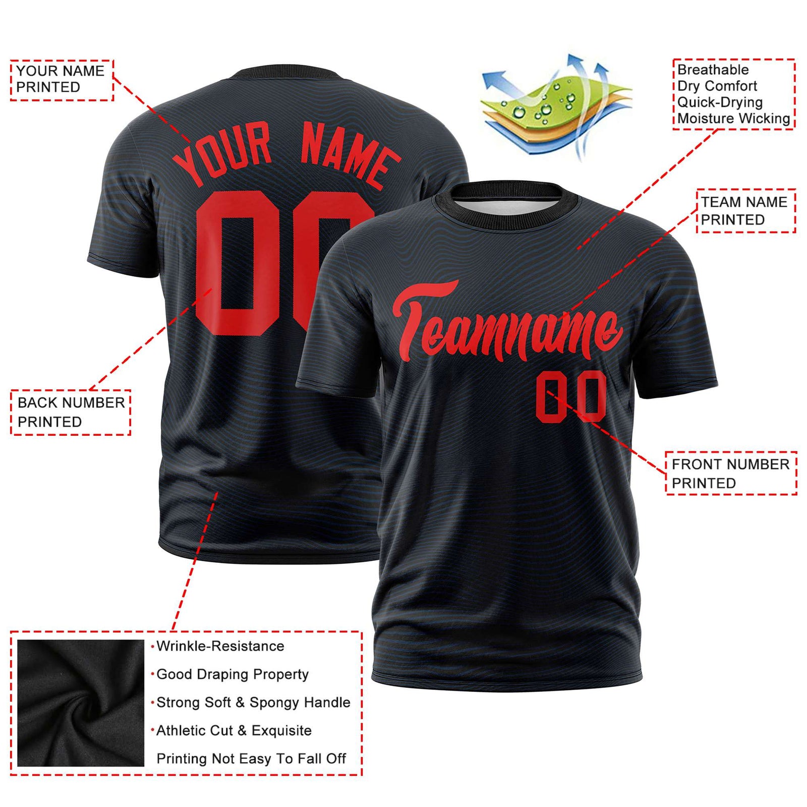 Custom Black Red Personalized High Wire Pattern Performance T-Shirt