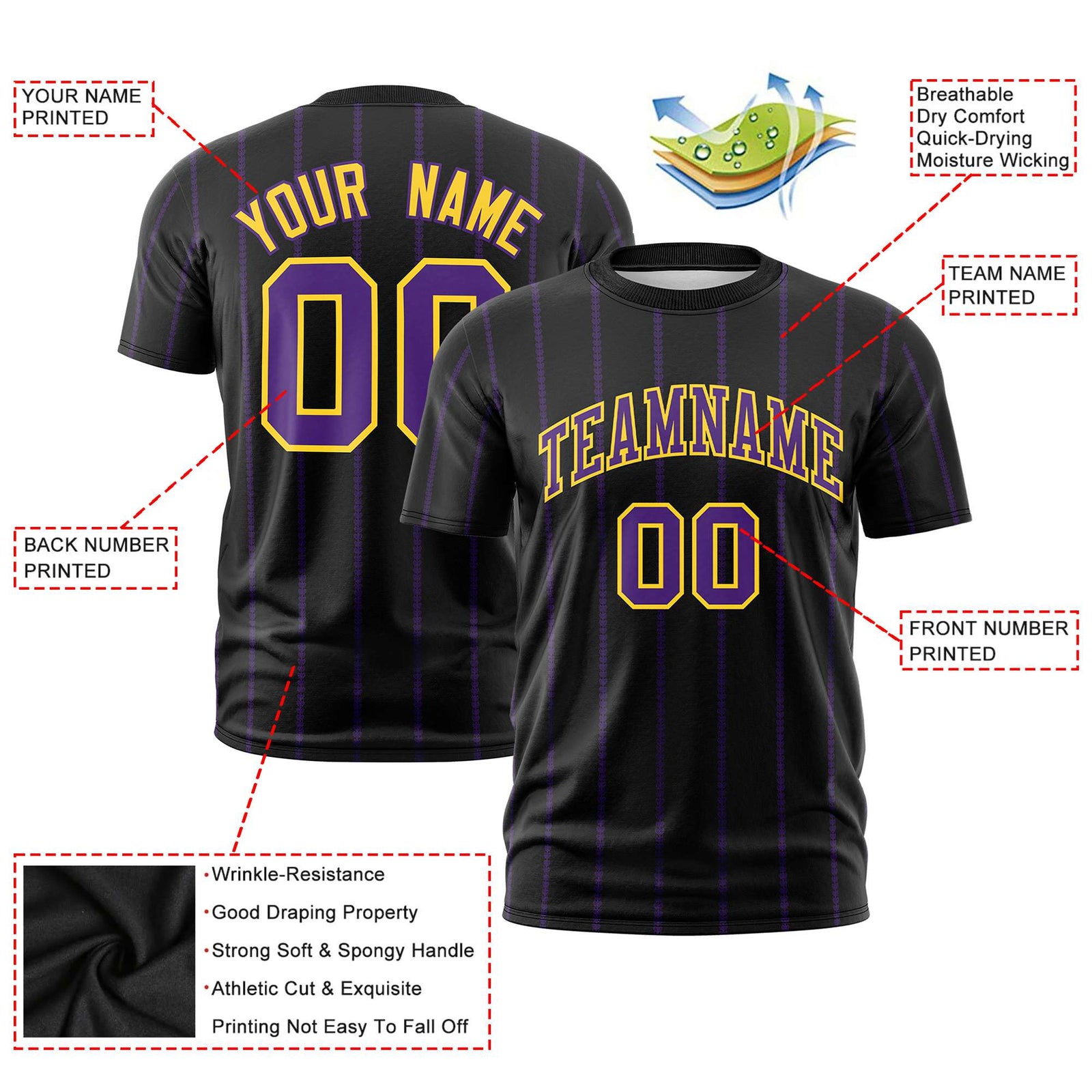 Custom Black Purple Personalized Vertical Stripe Pattern Performance T-Shirt