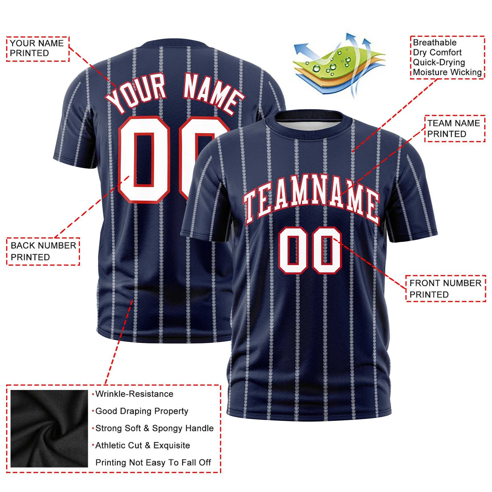 Custom Navy White Personalized Vertical Stripe Pattern Performance T-Shirt