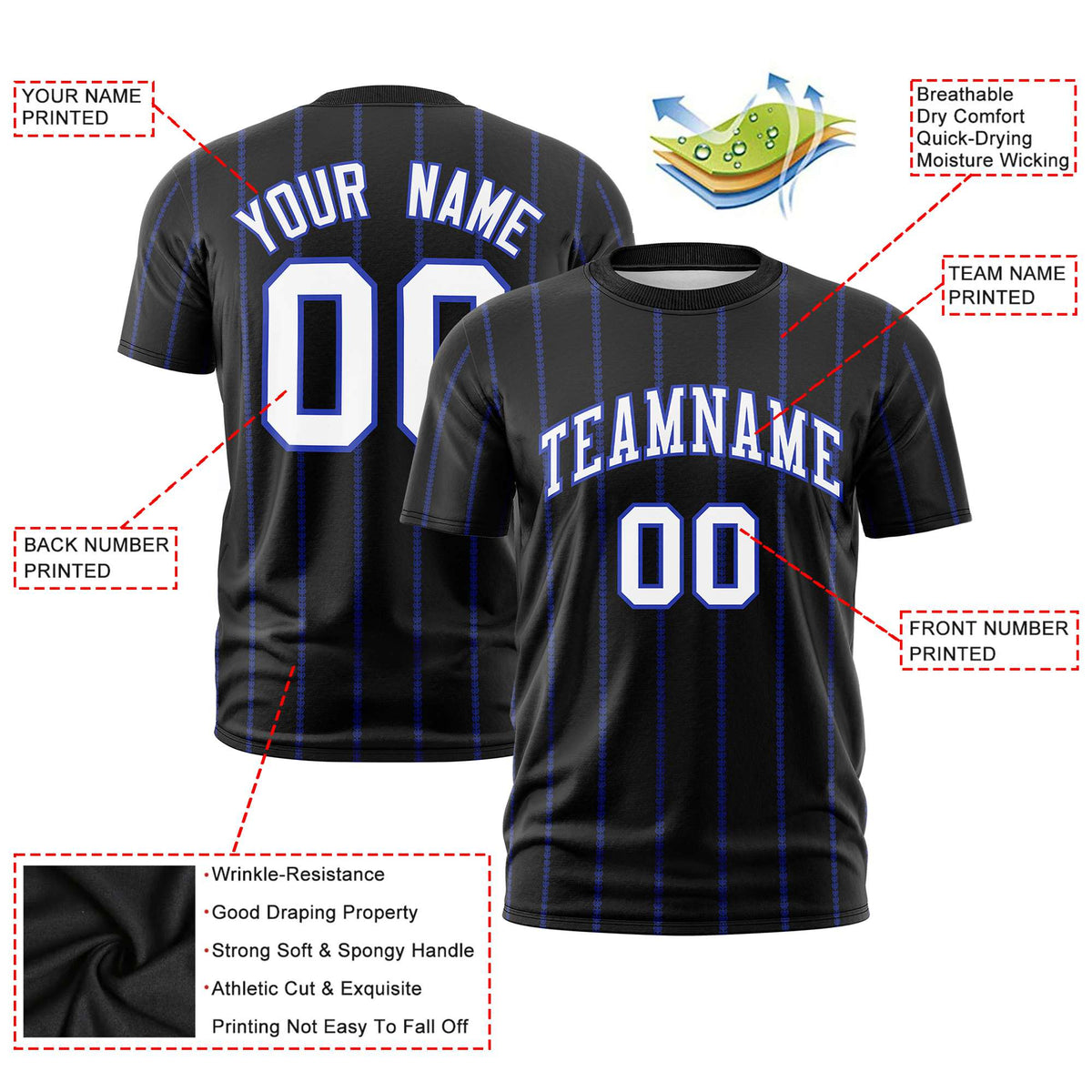 Custom Black Royal Blue Personalized Vertical Stripe Pattern Performance T-Shirt