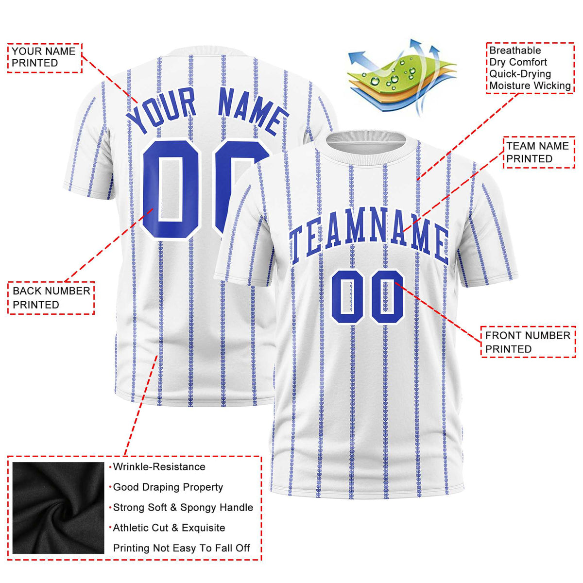 Custom White Royal Blue Personalized Vertical Stripe Pattern Performance T-Shirt