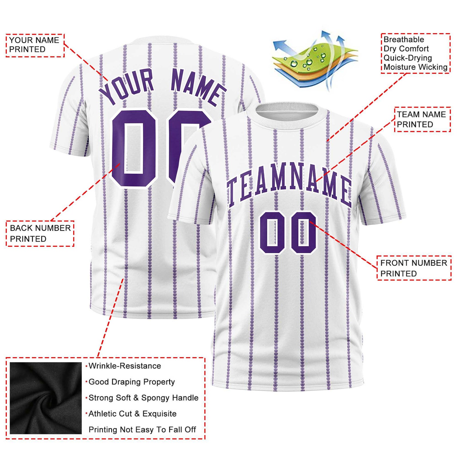 Custom White Purple Personalized Vertical Stripe Pattern Performance T-Shirt