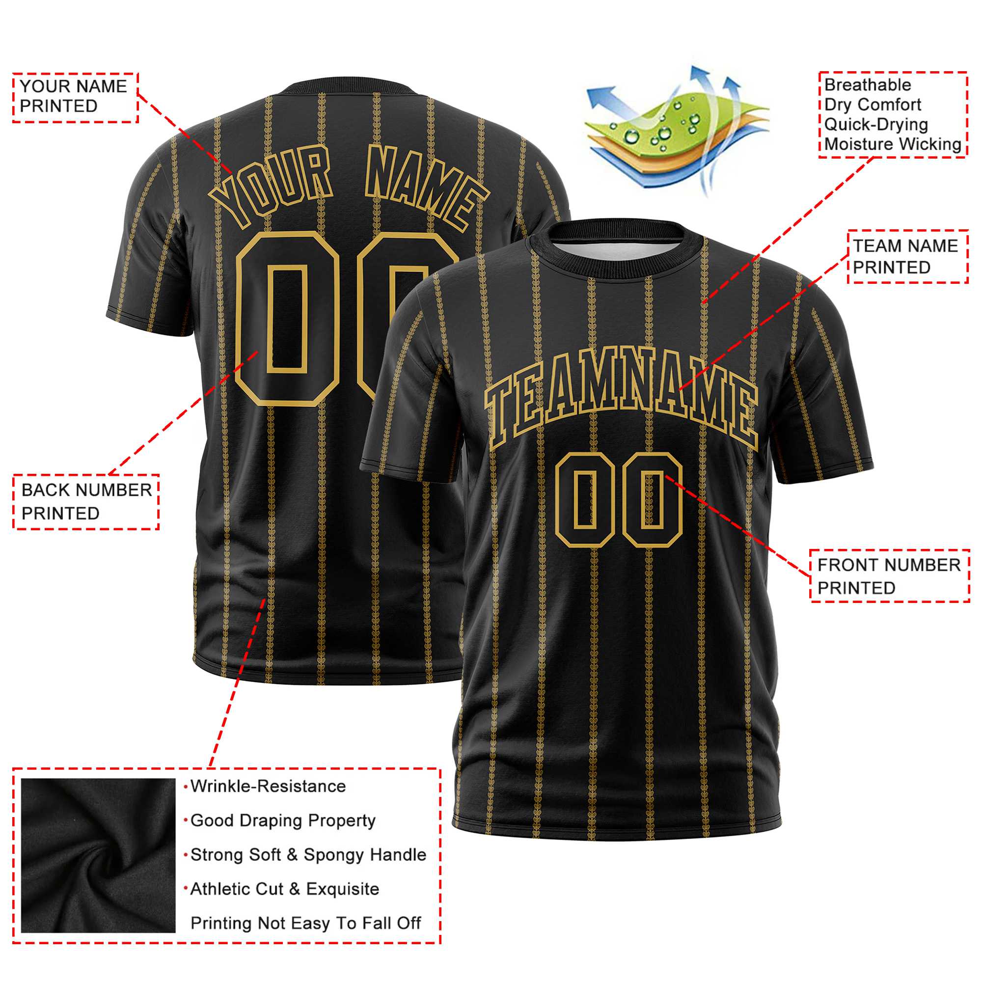 Custom Black Gold01 Personalized Vertical Stripe Pattern Performance T-Shirt