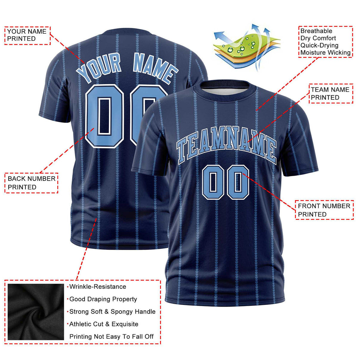 Custom Navy Powder Blue Personalized Vertical Stripe Pattern Performance T-Shirt