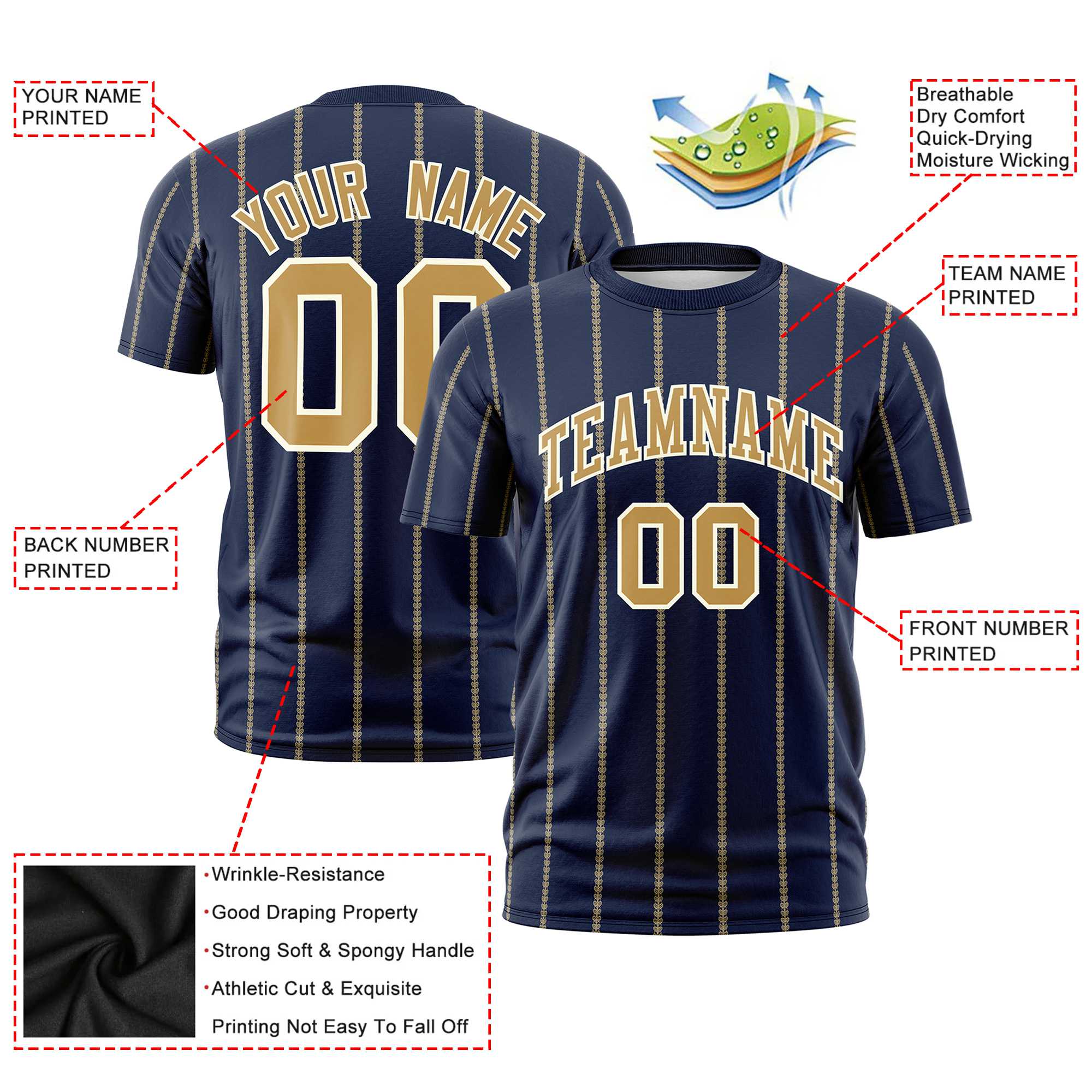 Custom Navy Old Gold Personalized Vertical Stripe Pattern Performance T-Shirt