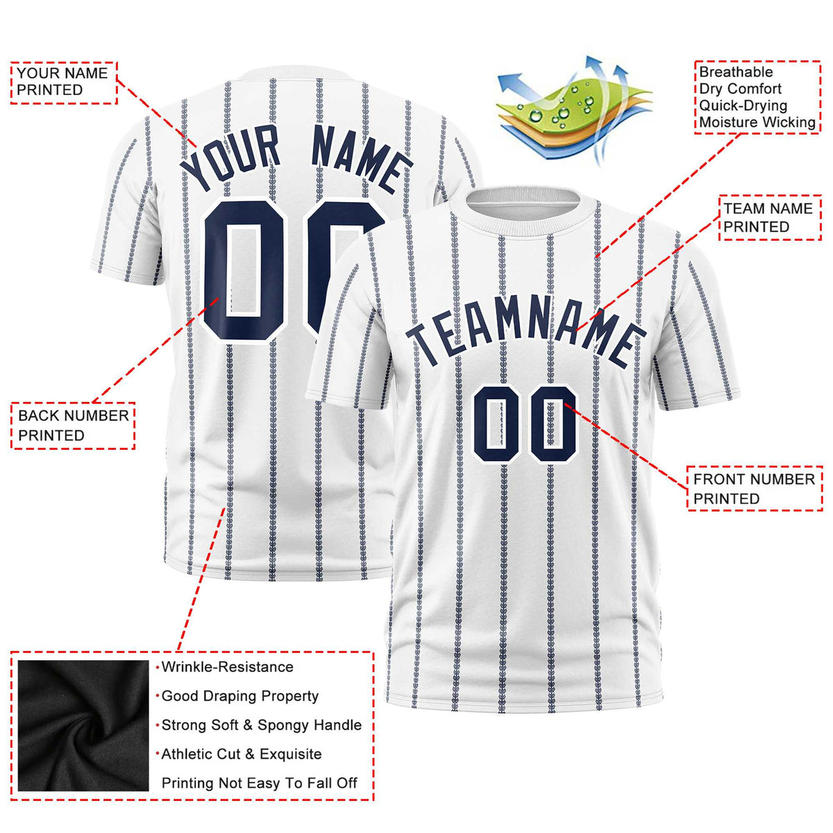 Custom White Navy Personalized Vertical Stripe Pattern Performance T-Shirt