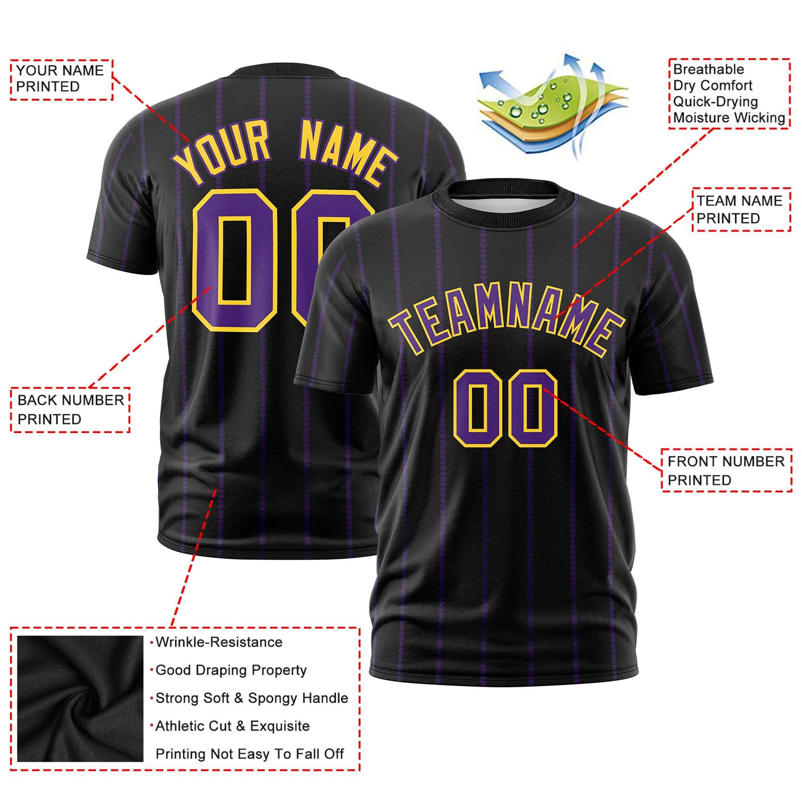 Custom Black Purple Personalized Vertical Stripe Pattern Performance T-Shirt