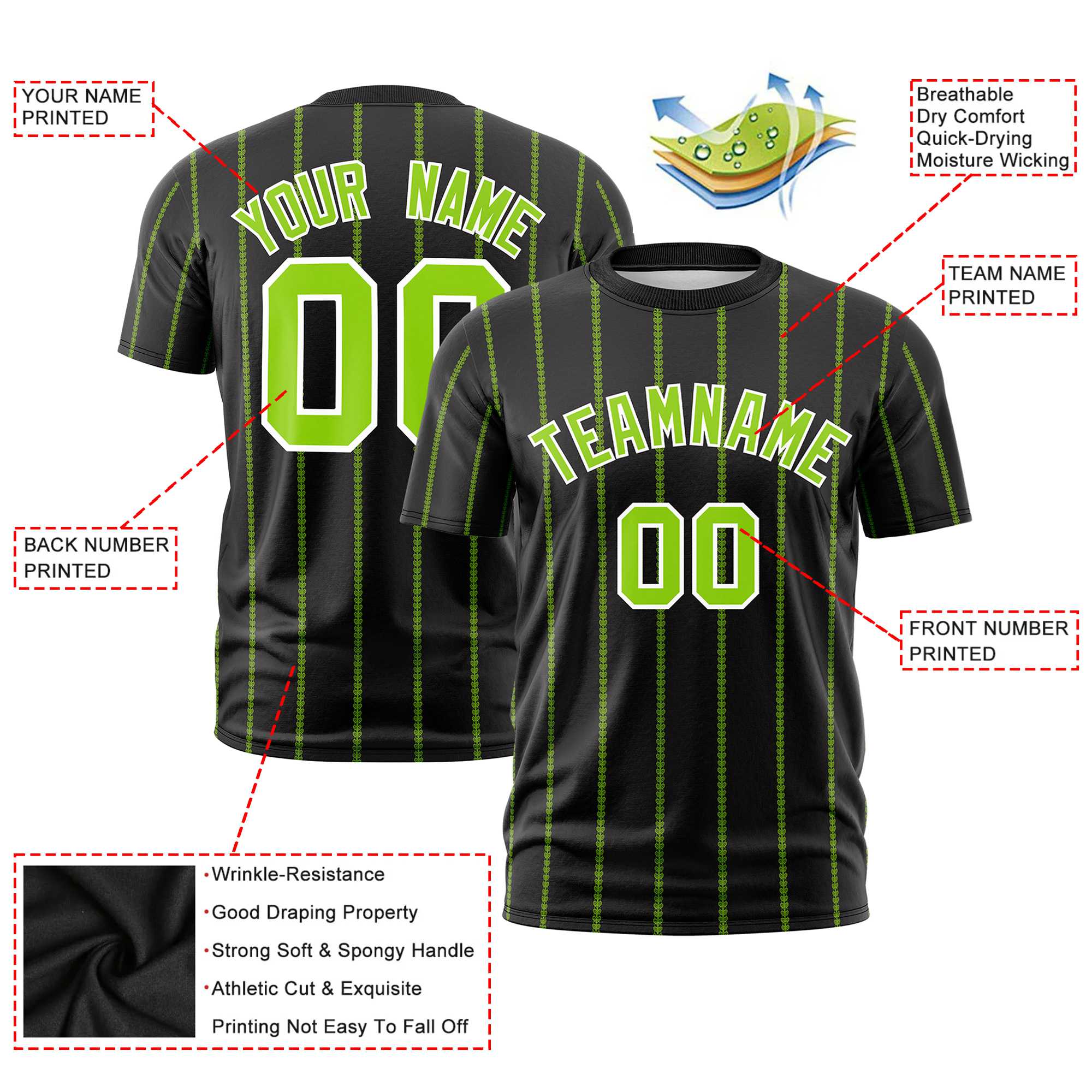 Custom Black Neon Green Personalized Vertical Stripe Pattern Performance T-Shirt