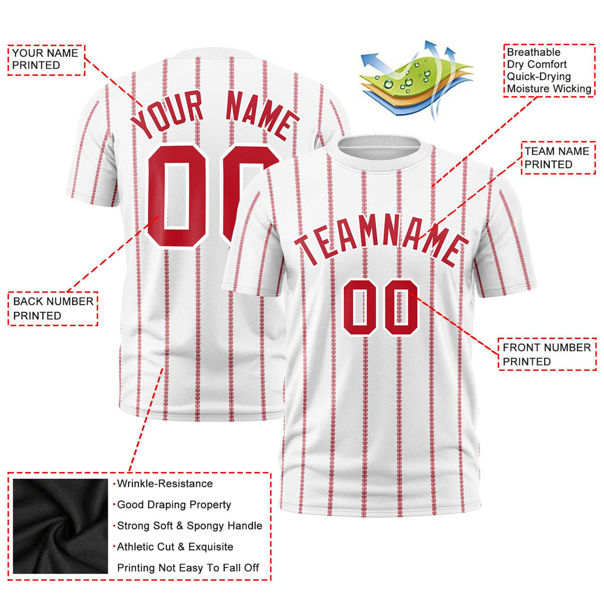 Custom White Red Personalized Vertical Stripe Pattern Performance T-Shirt