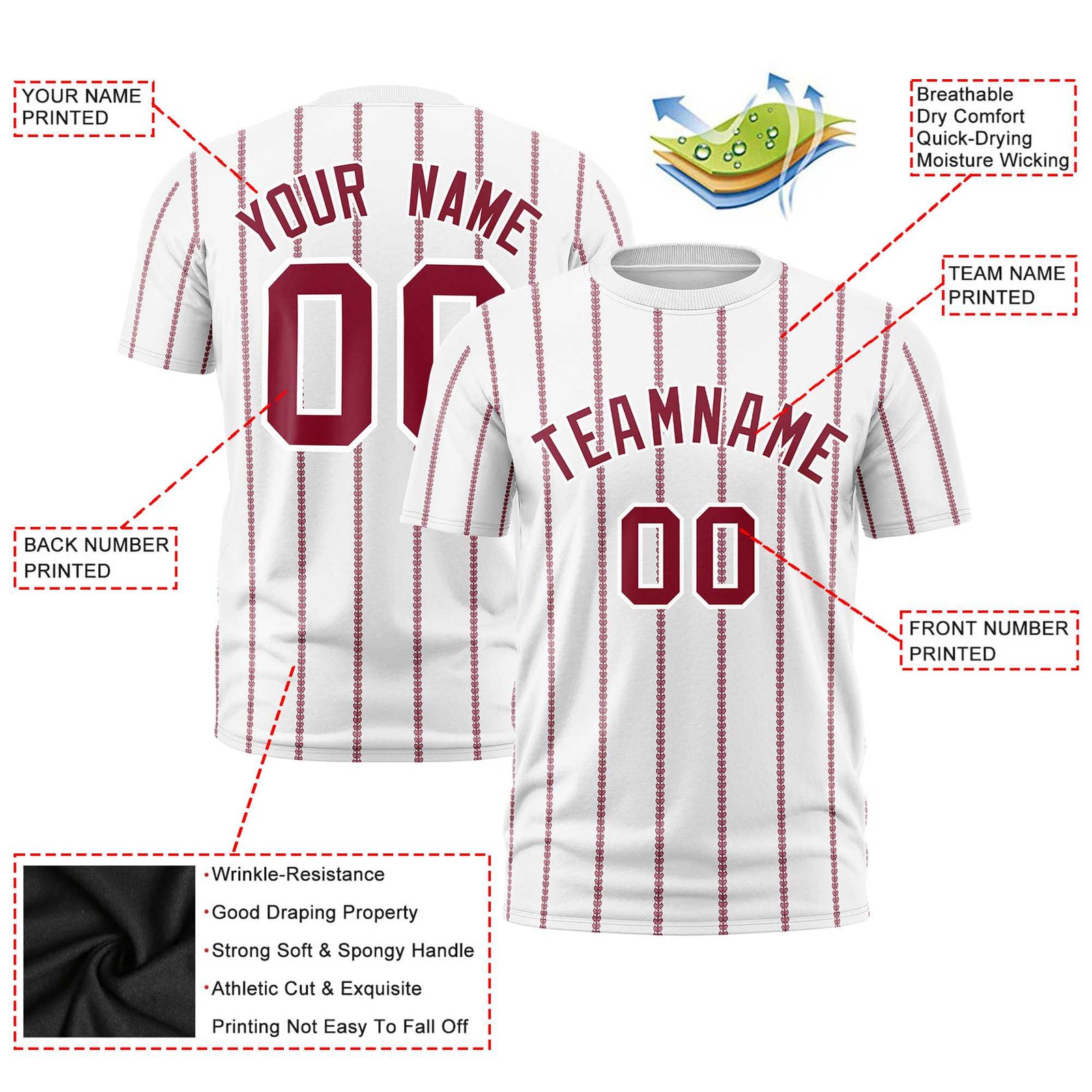 Custom White Red Personalized Vertical Stripe Pattern Performance T-Shirt