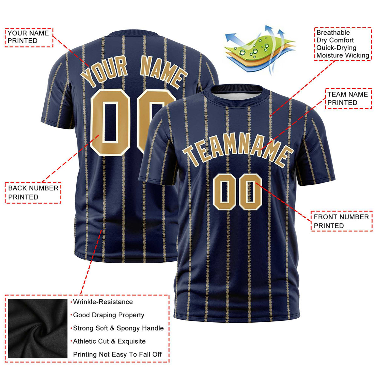 Custom Navy Old Gold Personalized Vertical Stripe Pattern Performance T-Shirt