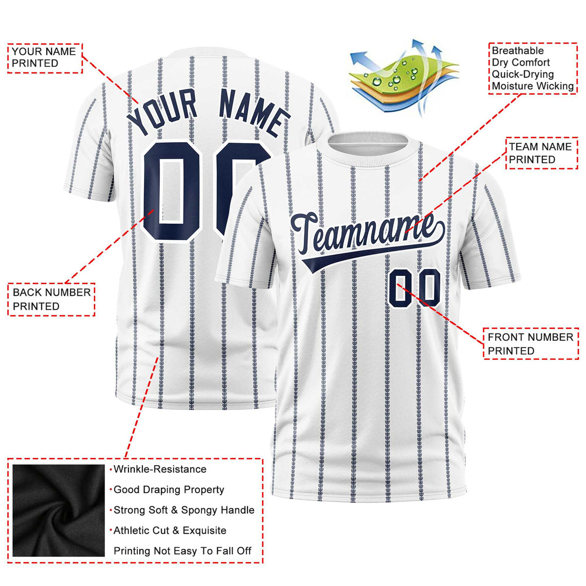 Custom White Navy Personalized Vertical Stripe Pattern Performance T-Shirt