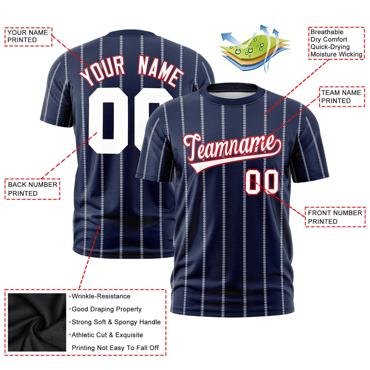Custom Navy White Personalized Vertical Stripe Pattern Performance T-Shirt