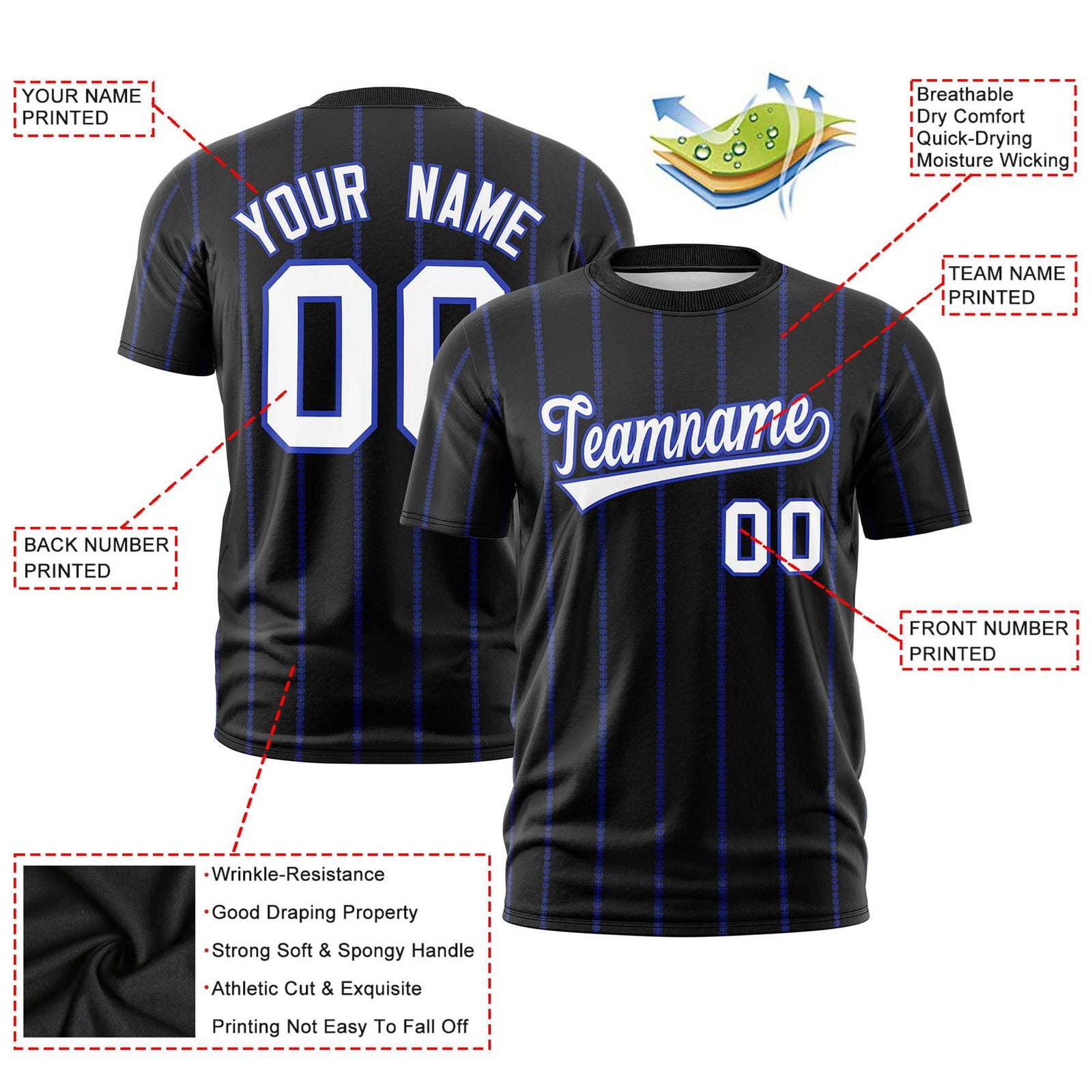 Custom Black Royal Blue Personalized Vertical Stripe Pattern Performance T-Shirt
