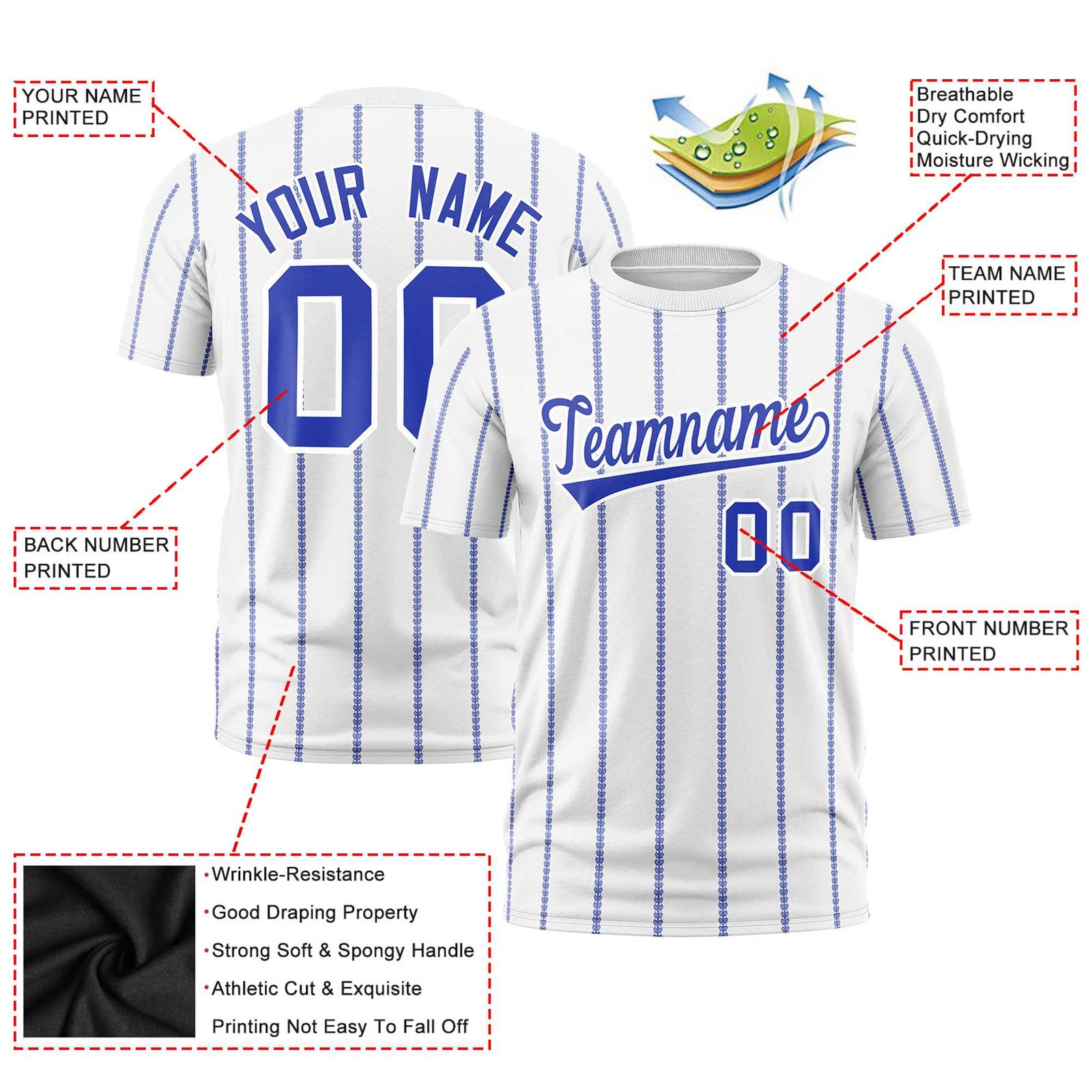 Custom White Royal Blue Personalized Vertical Stripe Pattern Performance T-Shirt