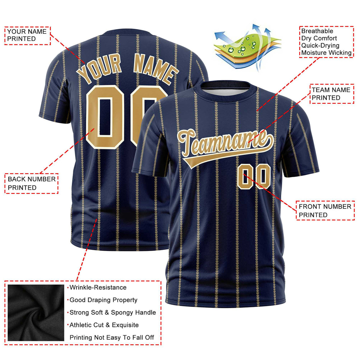 Custom Navy Old Gold Personalized Vertical Stripe Pattern Performance T-Shirt