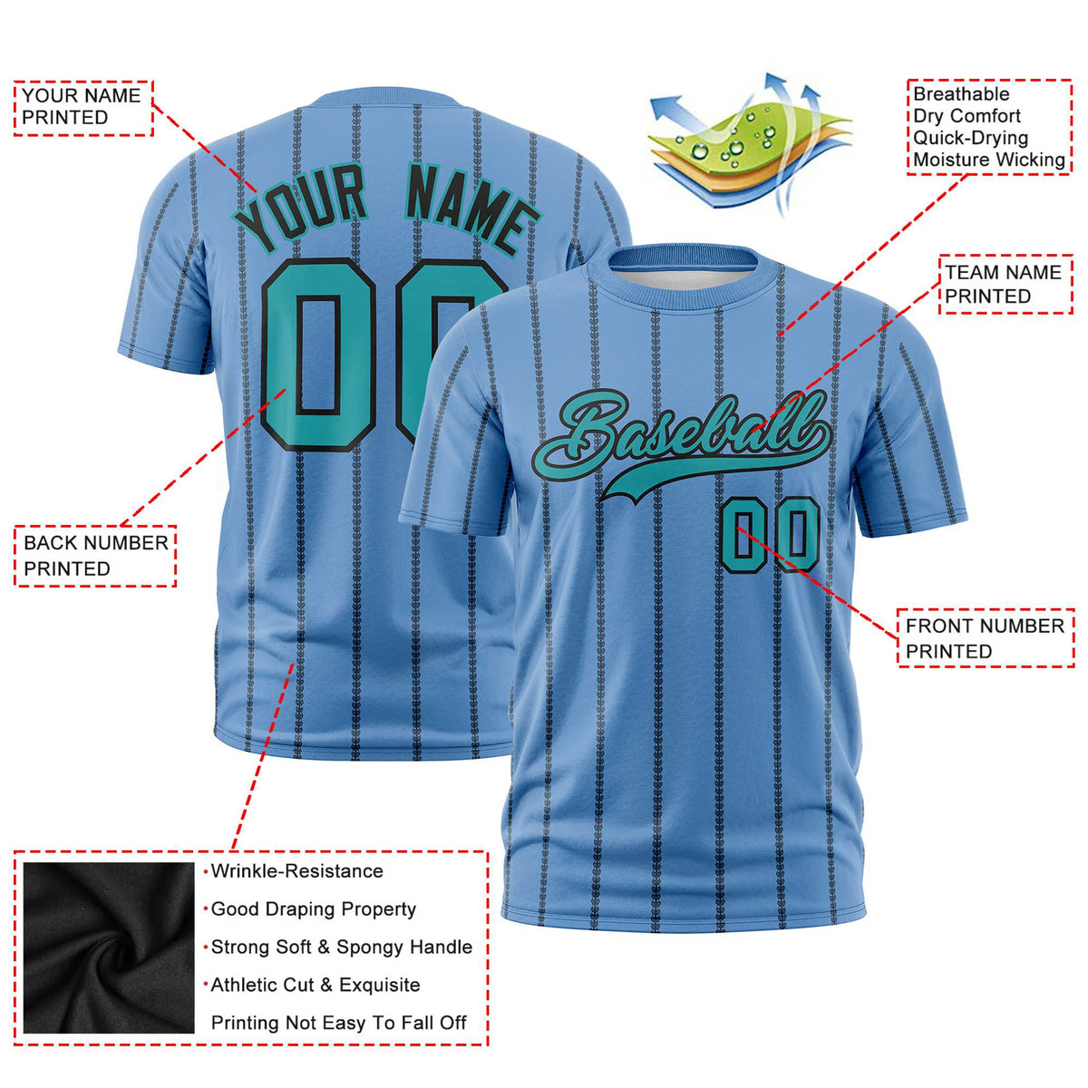 Custom Powder Blue Black Personalized Vertical Stripe Pattern Performance T-Shirt